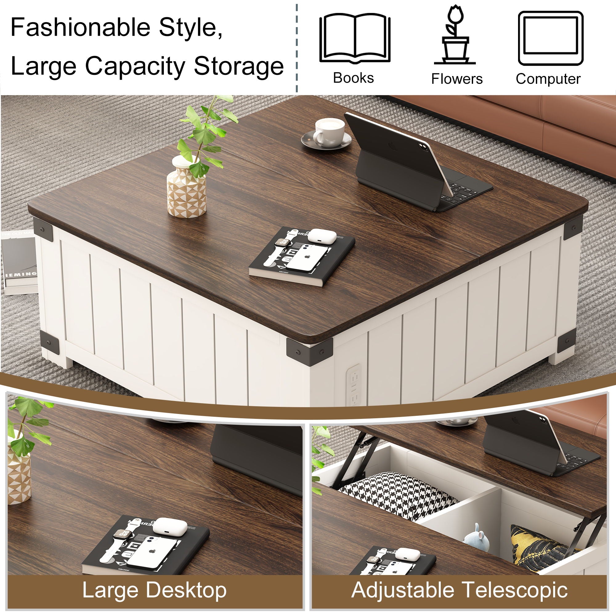 Farmhouse Style Lift Top Coffee Table With Storage And Charging Station - White Wood - Best Buy Furniture