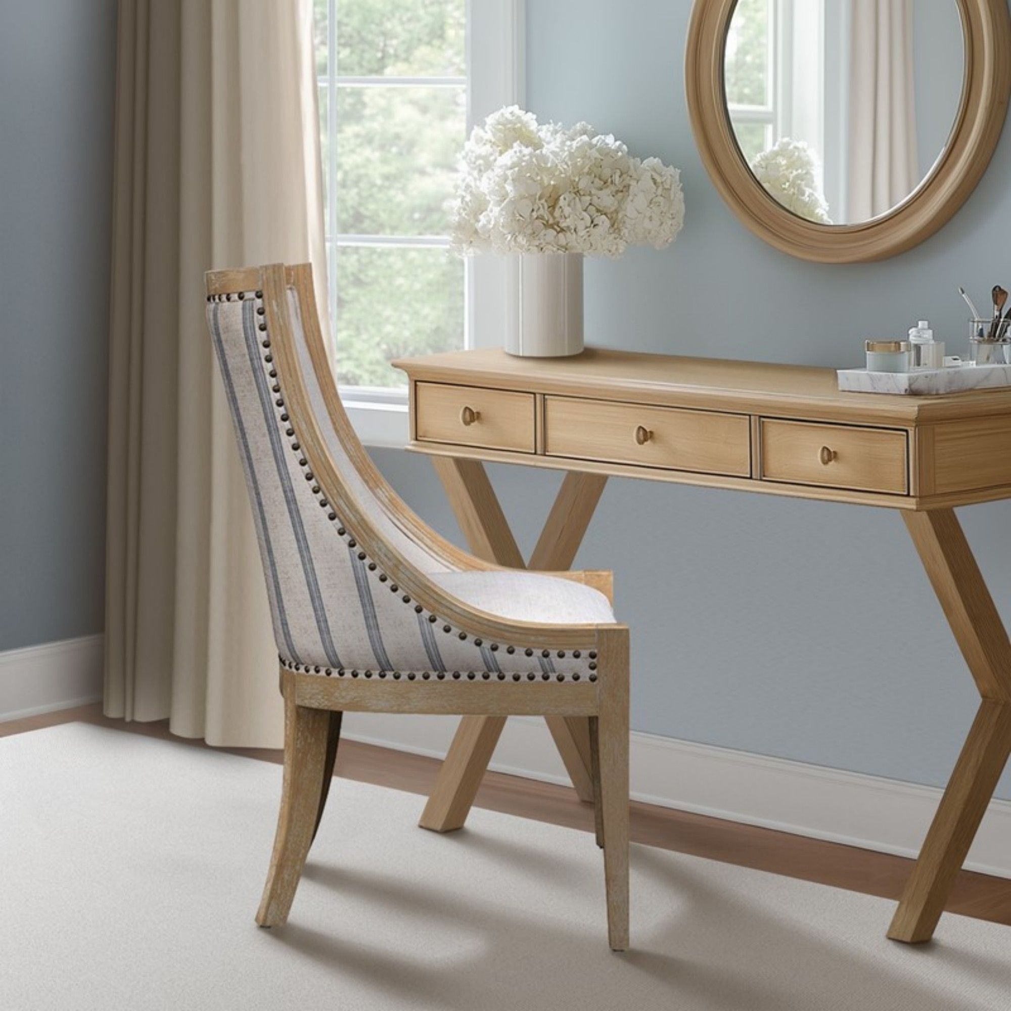 Upholstered Dining Chair With Nailhead Trim - Beige / Natural