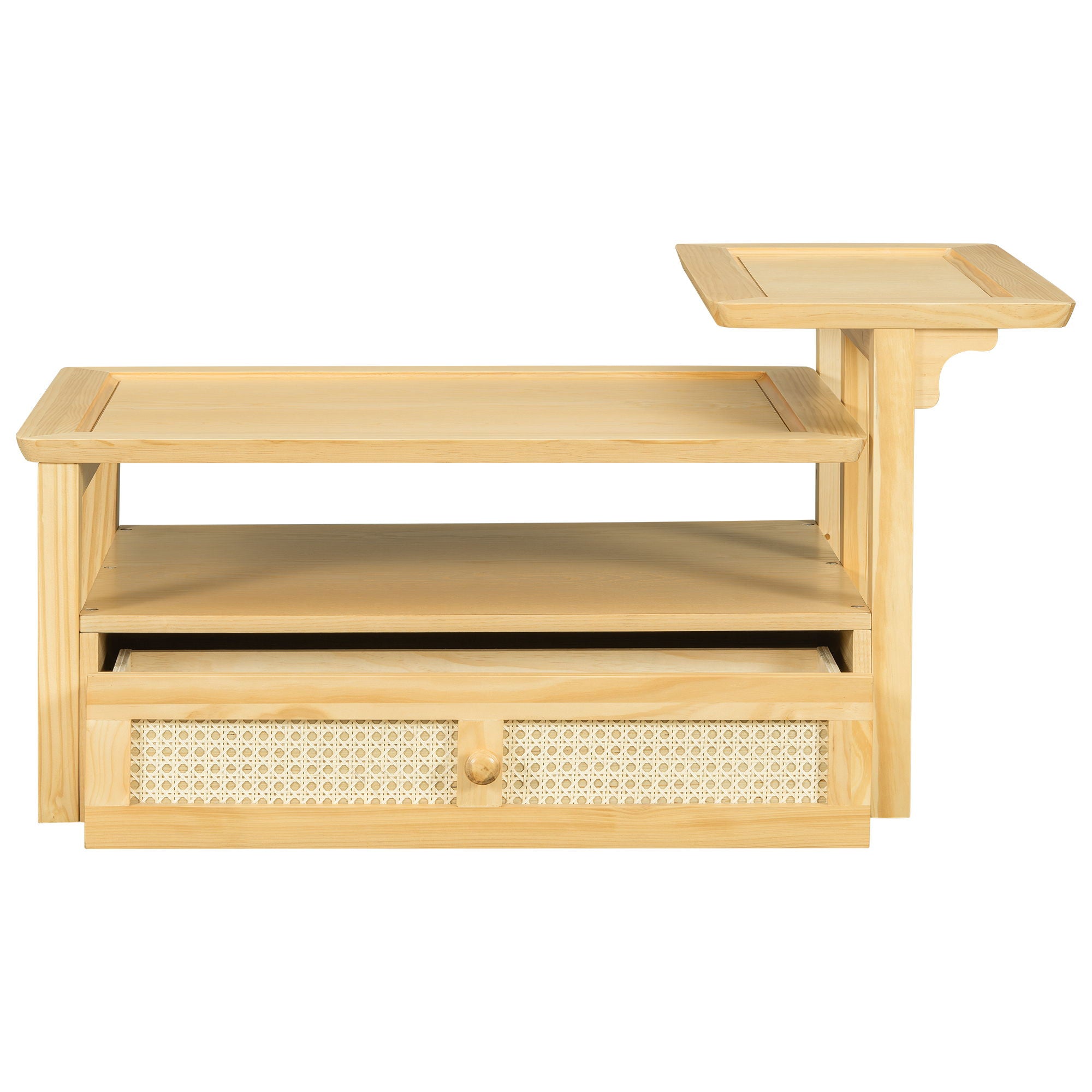 Coffee Table With 1 Storage Shelf, 2 Tabletops And 1 Rattan Drawer