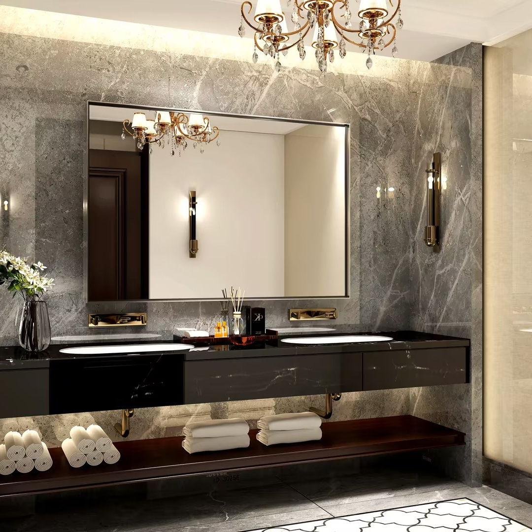 Glossy Framed Mirror For Bathroom Rectangular Wall Bathroom Mirror Metal Frame Farmhouse Mirror Large Decorative Square Corner Rectangle Mirror (Horizontal & Vertical) - Brushed Silver