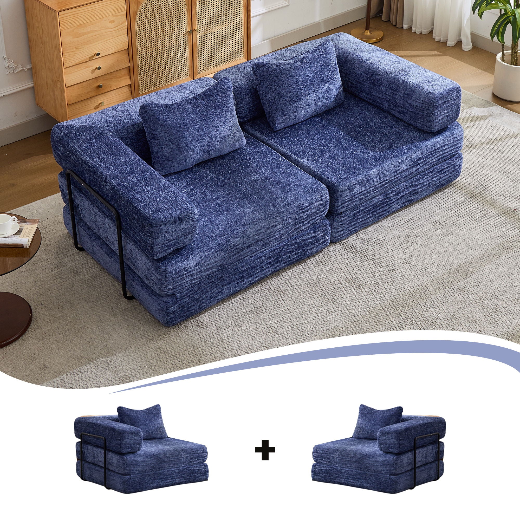 Convertible Floor Sofa Bed With Fixed Shape Frame, Loveseats Boneless Modular Sectional, For Living Room - Dark Blue