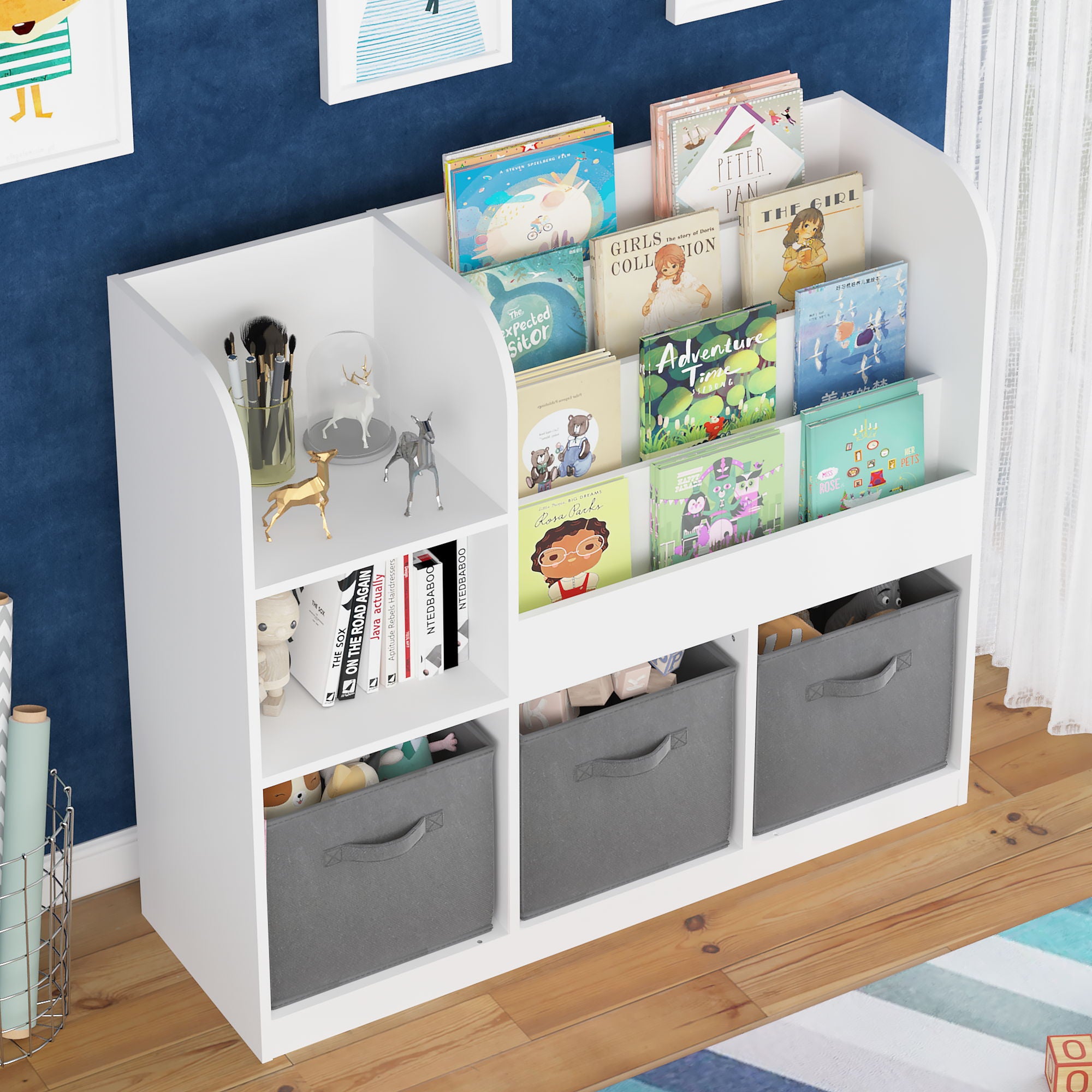Bookcase And Bookshelf With 3 Collapsible Drawers, Multifunctional Display Stand