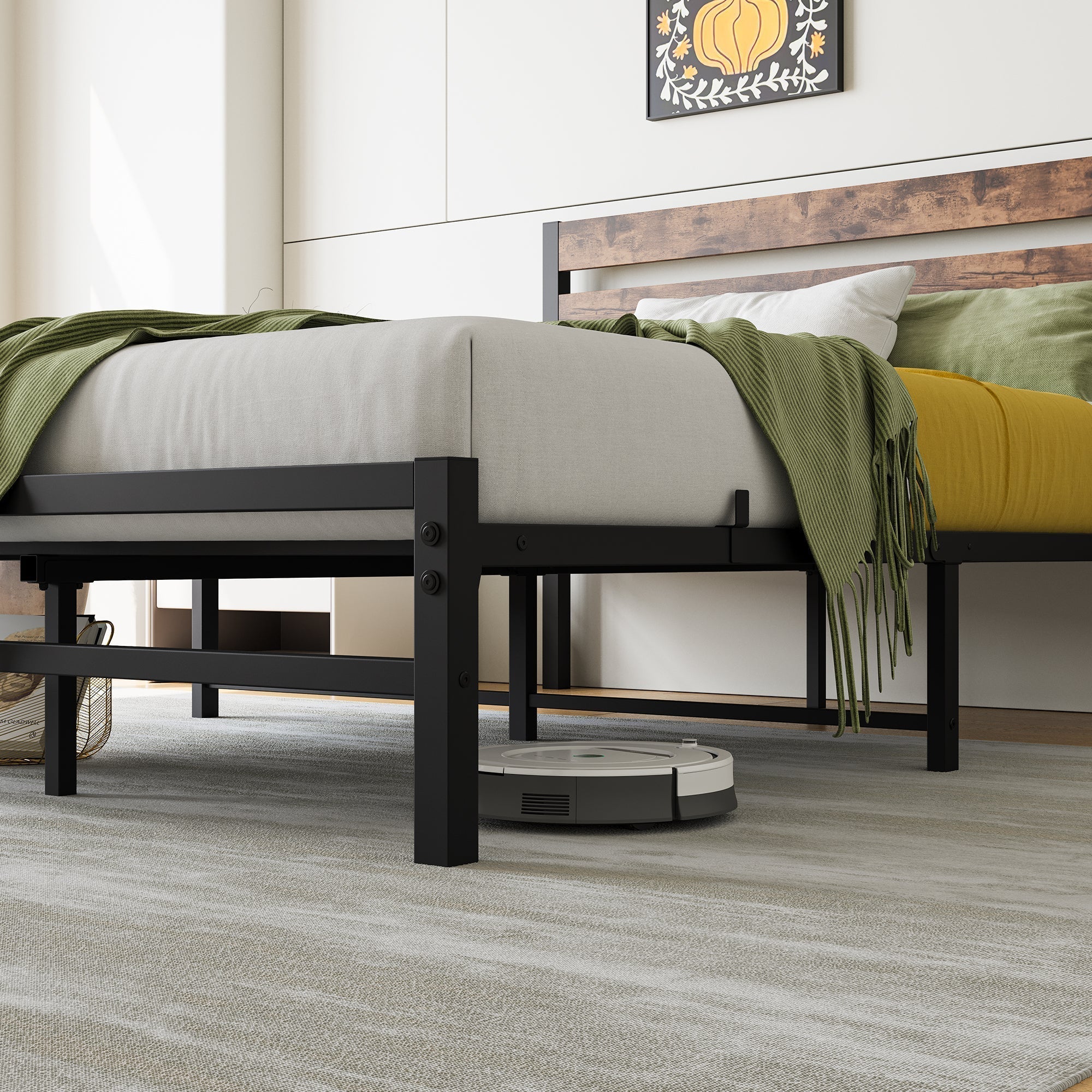 Industrial Metal & Wood Platform Bed Frame