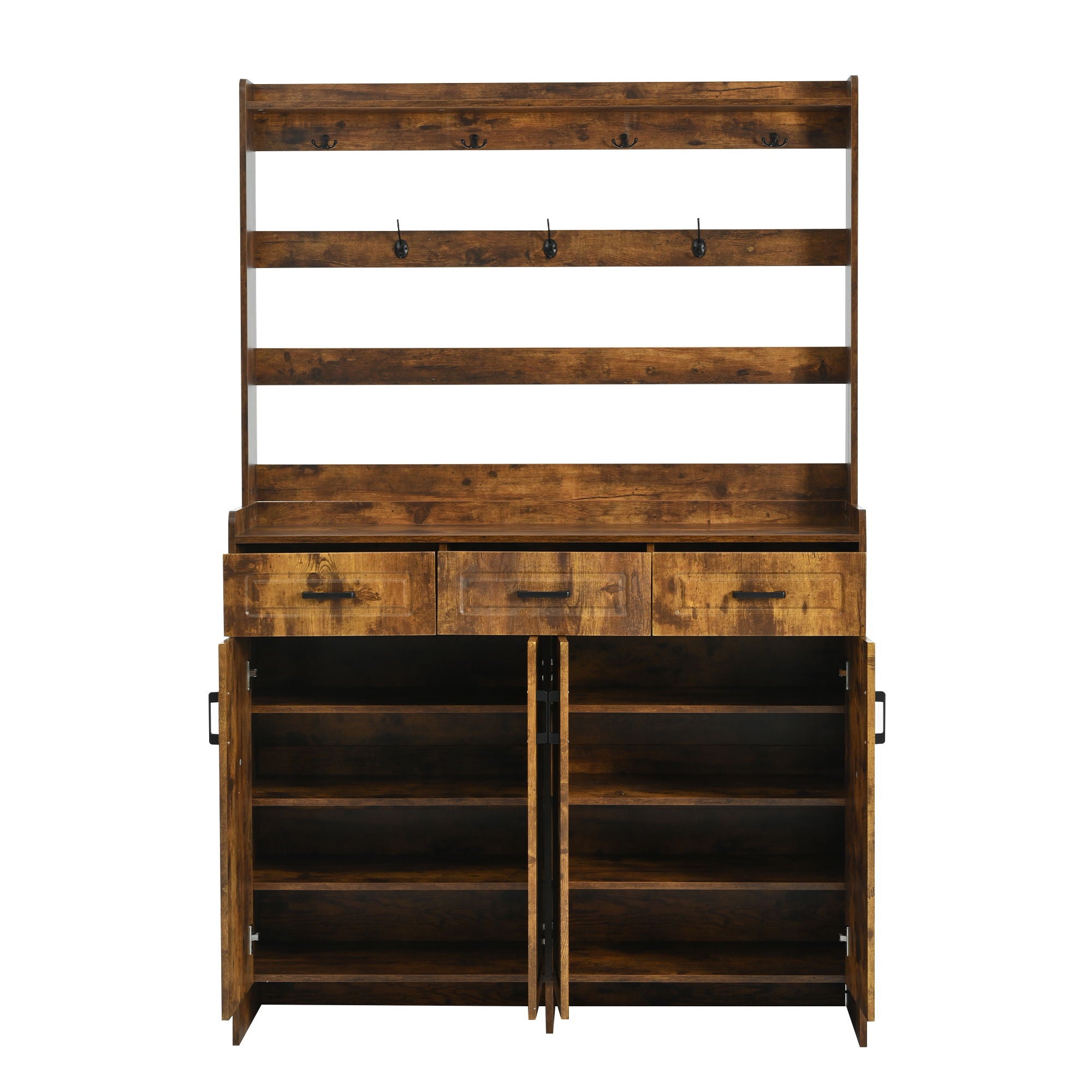 Minimalist 4 Door Shoe Cabinet With Coat Rack, 3 Drawers, 8 Shelves, Metal Hooks And Handles