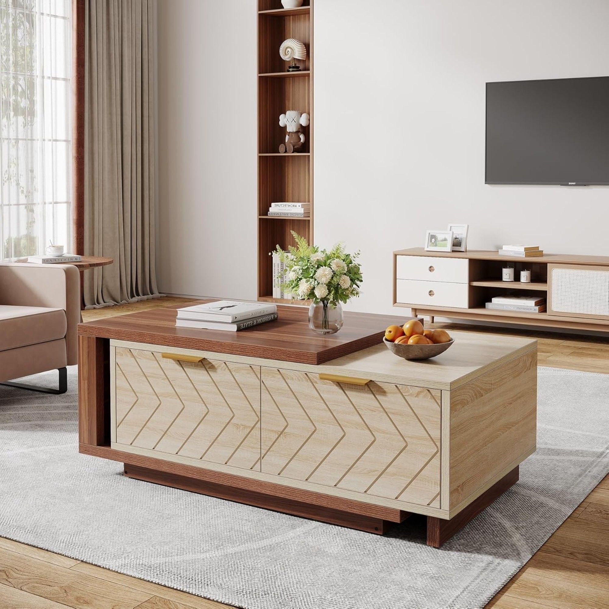 Extendable Coffee Table With 2 Storage Drawers, Dual Tone With Sliding Top, Hidden Storage - Walnut