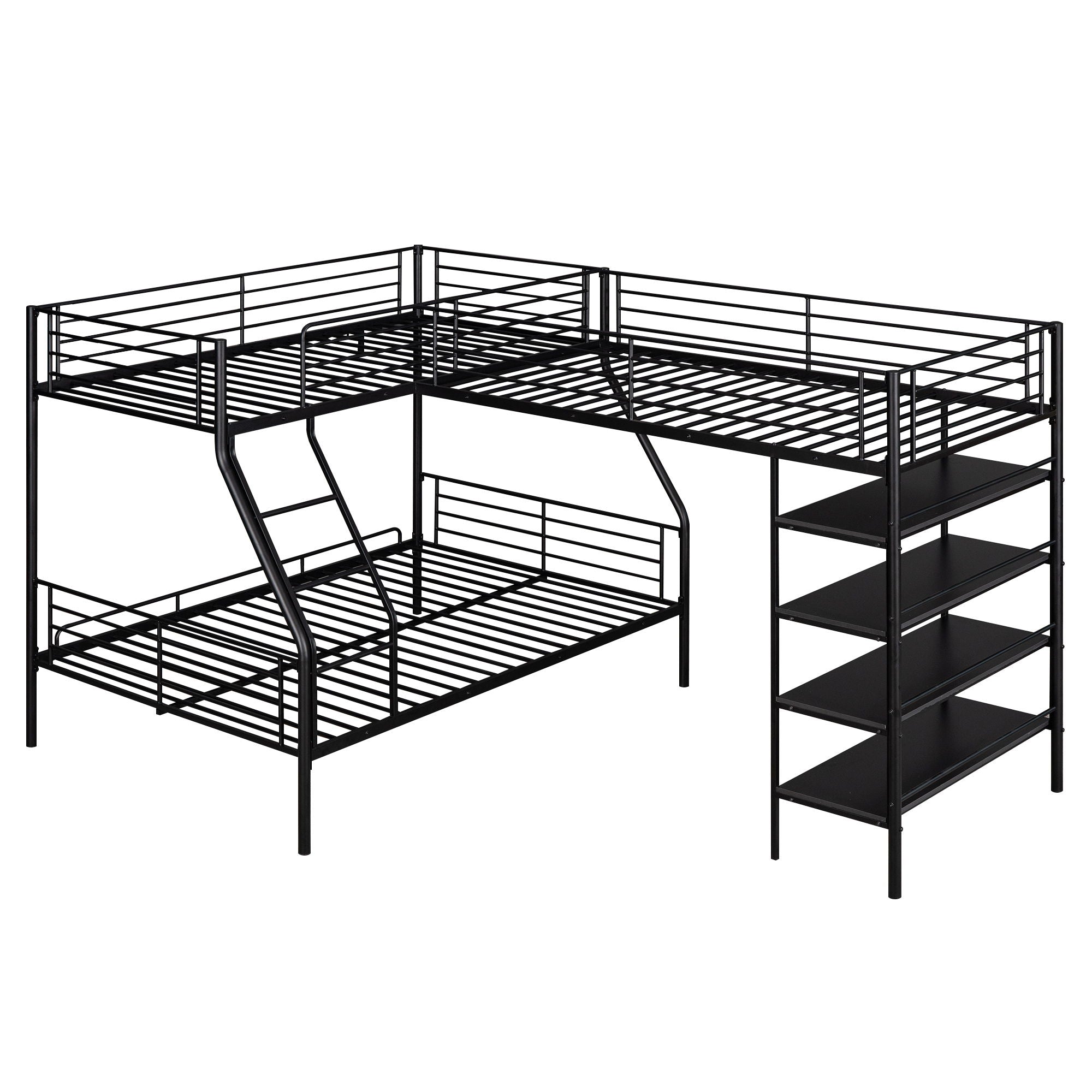 L-Shaped Twin Over Full Bunk Bed And Twin Loft Bed With 4 Built In Shelves - Black