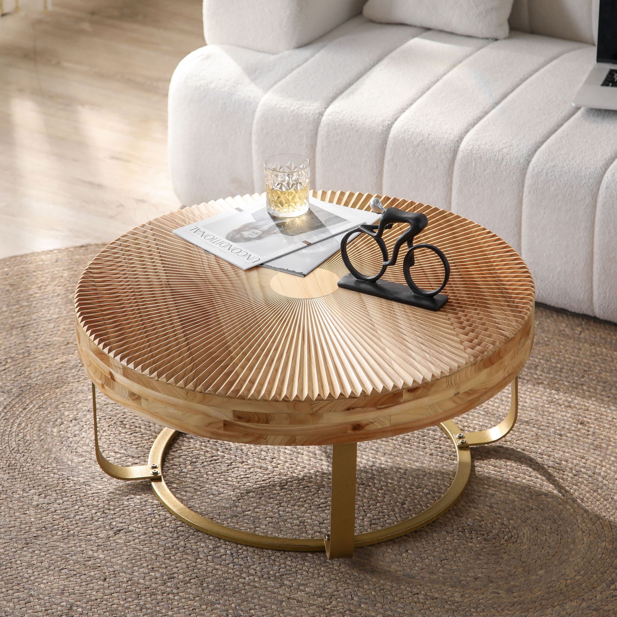 Modern Round Coffee Table With Wooden Carving Pattern