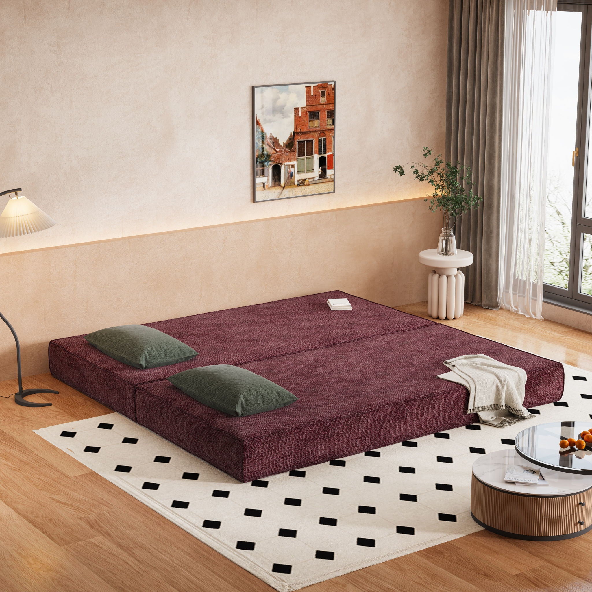 Convertible Couch Bed With 2 Pillows, 3 Seat Folding Floor Couch & King Size Bed Mattress, Diy Combination - Burgundy