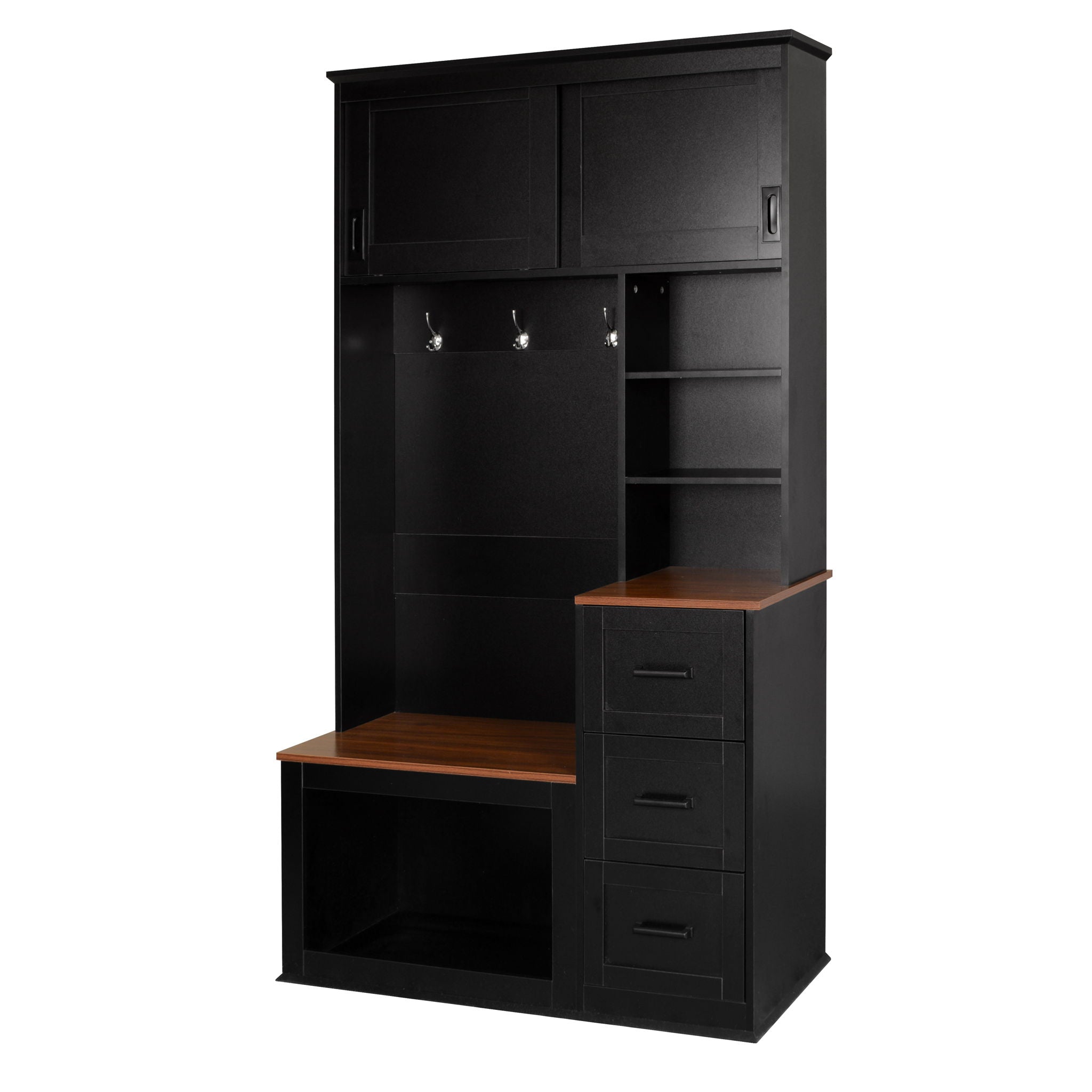 Modern Wide Hall Tree With Coat Rack, 3 Shelves And Drawers, 3 Sturdy Hooks