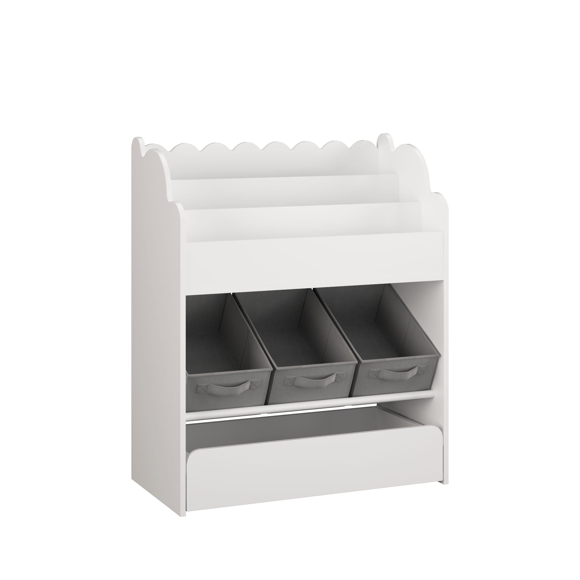 Bookshelf With Storage Bins And Drawer, Multi Functional Book Organizer For Toddlers - White