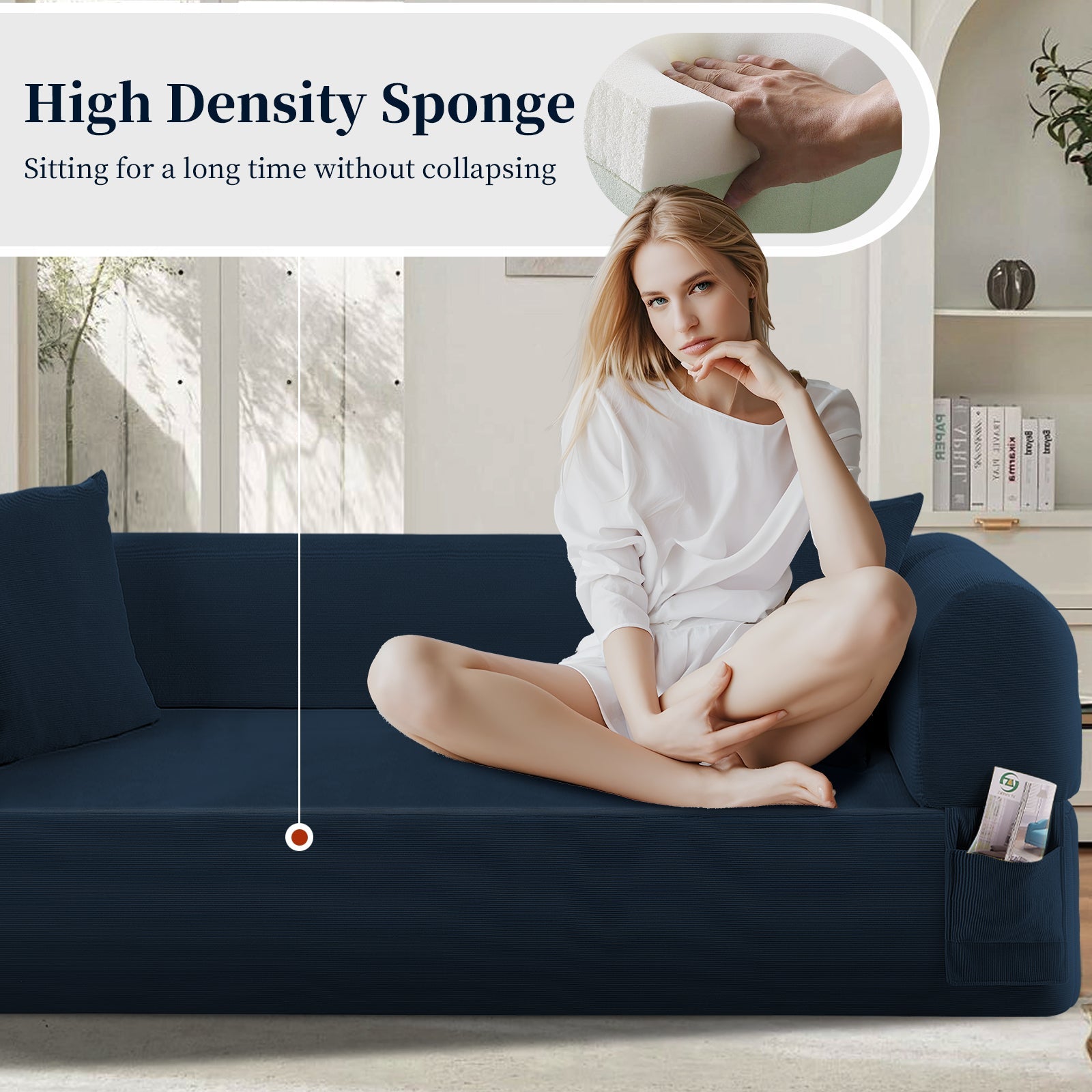 Spring Sofa with High-Quality Fabric, Pillows & Storage in Blue