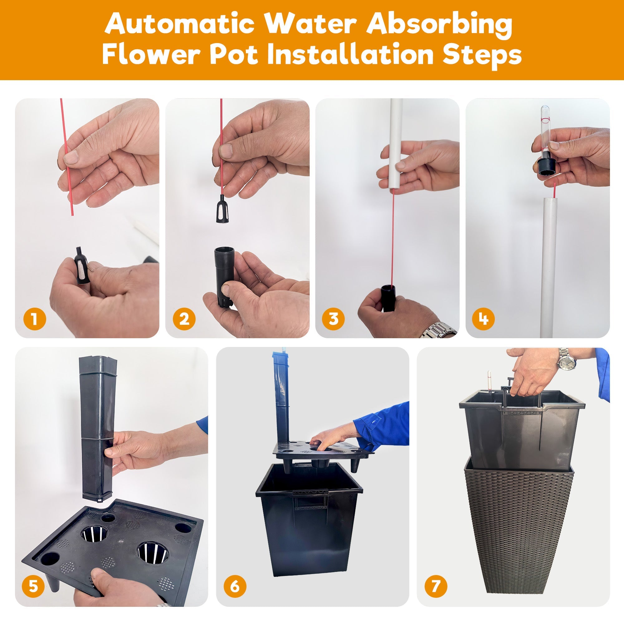 Set of 2 Faux Rattan Tall Planters with Automatic Watering System