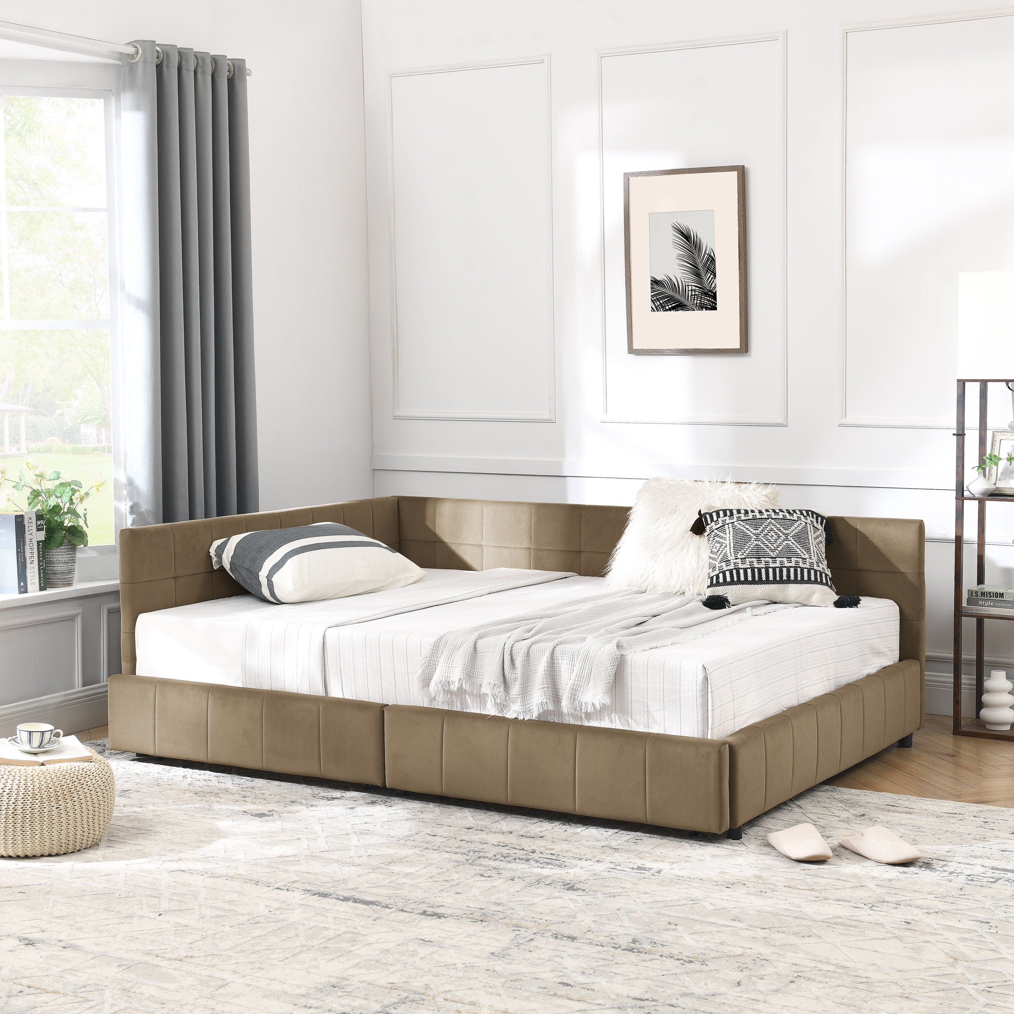 Mid-Century Storage Upholstered Tufted Bed Frame With Backrest And Armrests