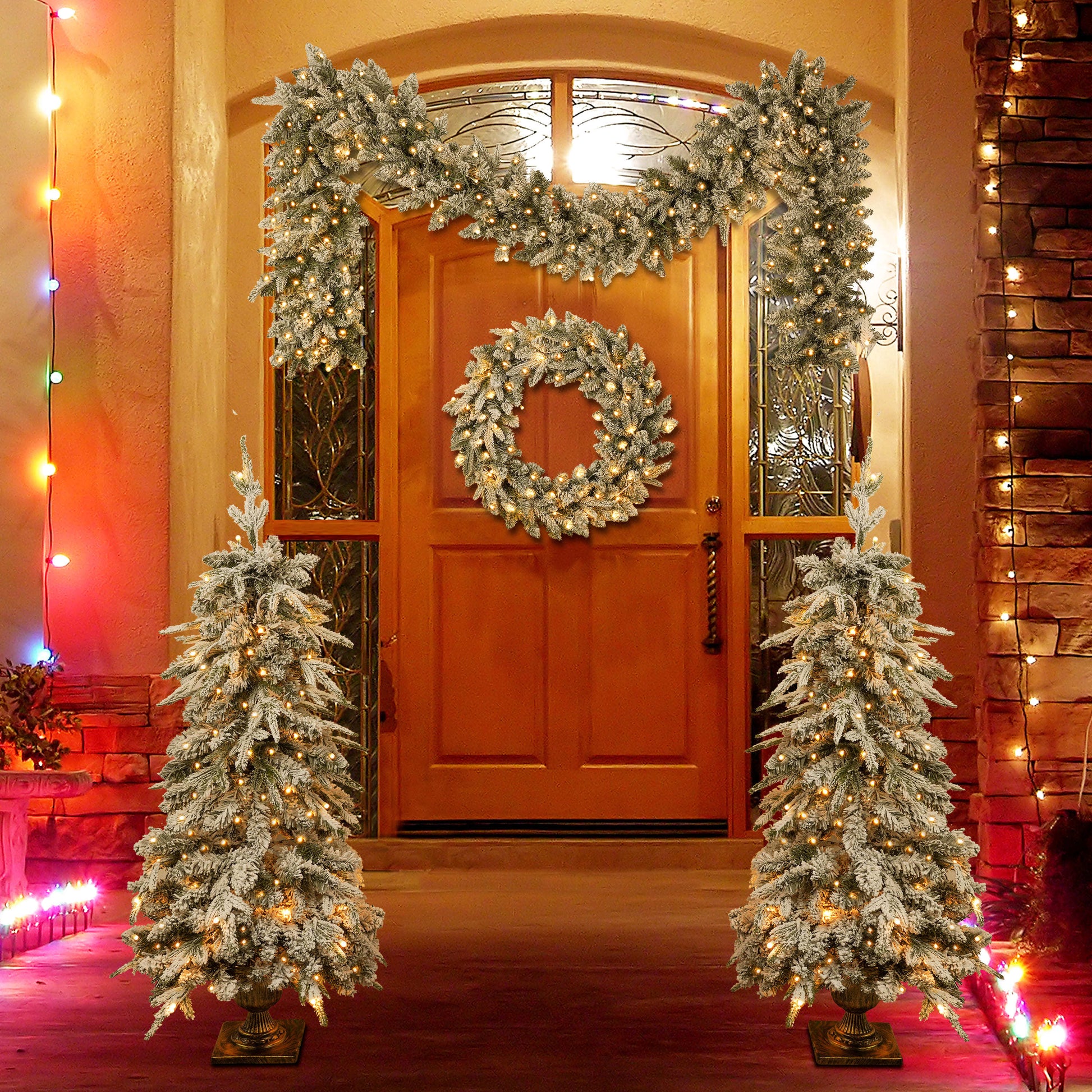 4-Piece-Fiber-Optic-Christmas-Decoration-Set-–-Wreath,-Cane-&-2-Entryway-Trees-with-LED-Lights-Christmas-Decor