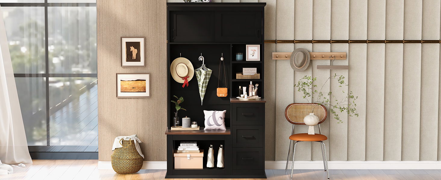 Modern Wide Hall Tree With Coat Rack, 3 Shelves And Drawers, 3 Sturdy Hooks