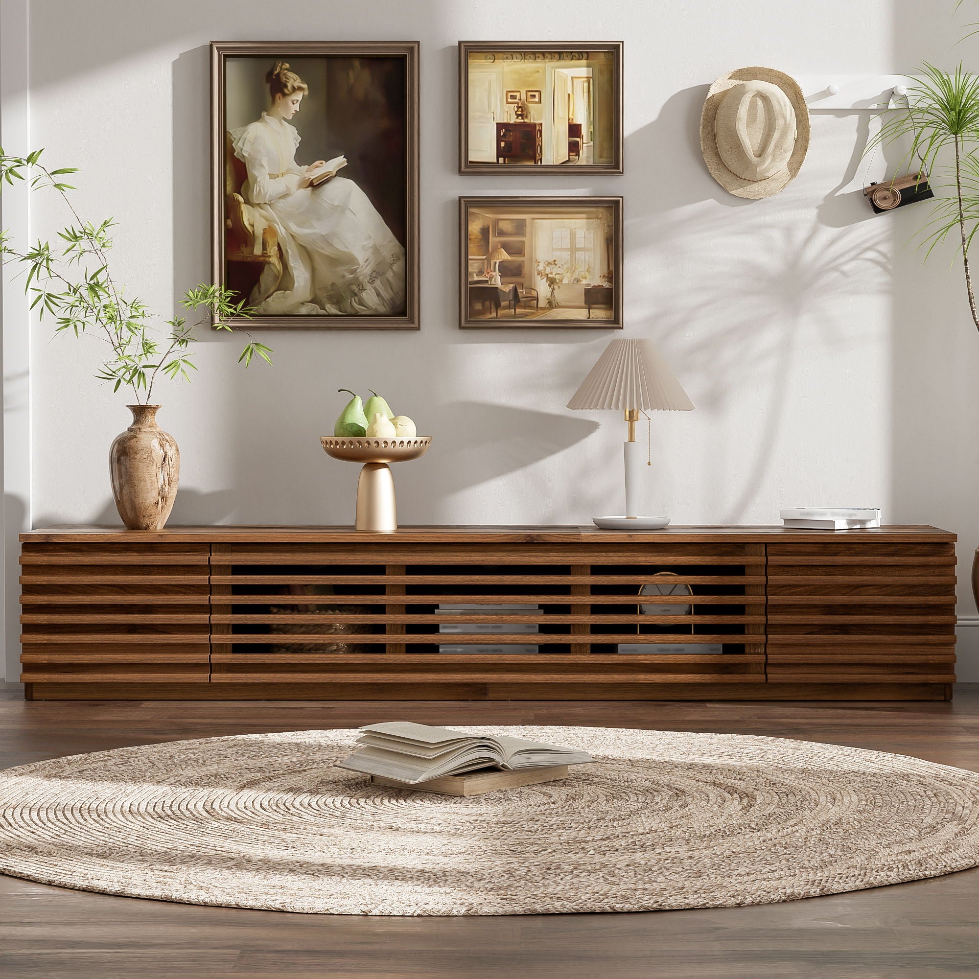 TV Stand For TVs, Entertainment Center With Cable Management And Soft Closing Hinges - Walnut