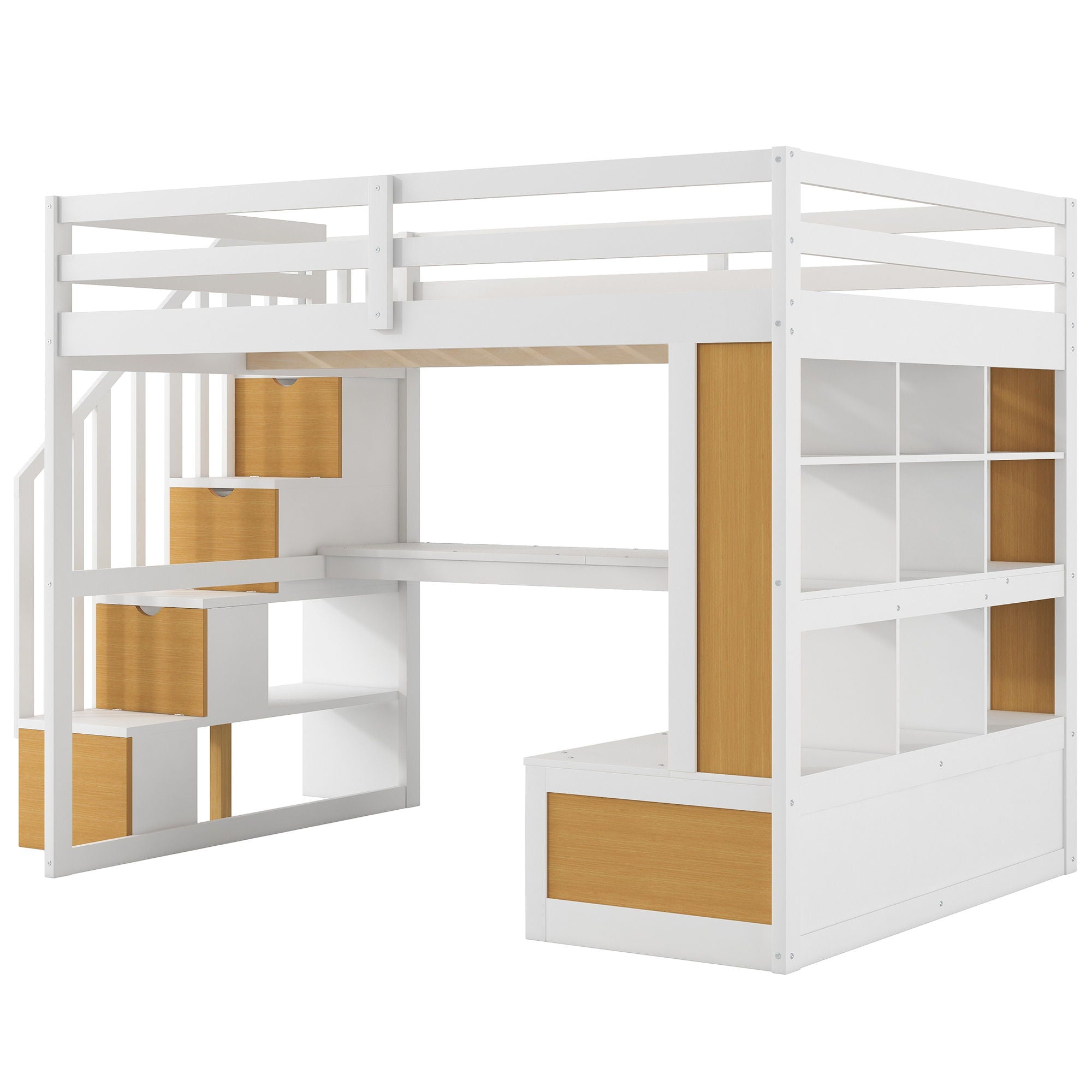 Full Size Loft Bed With Desk And Shelves, 2 Built In Drawers, Storage Staircase - Natural / White