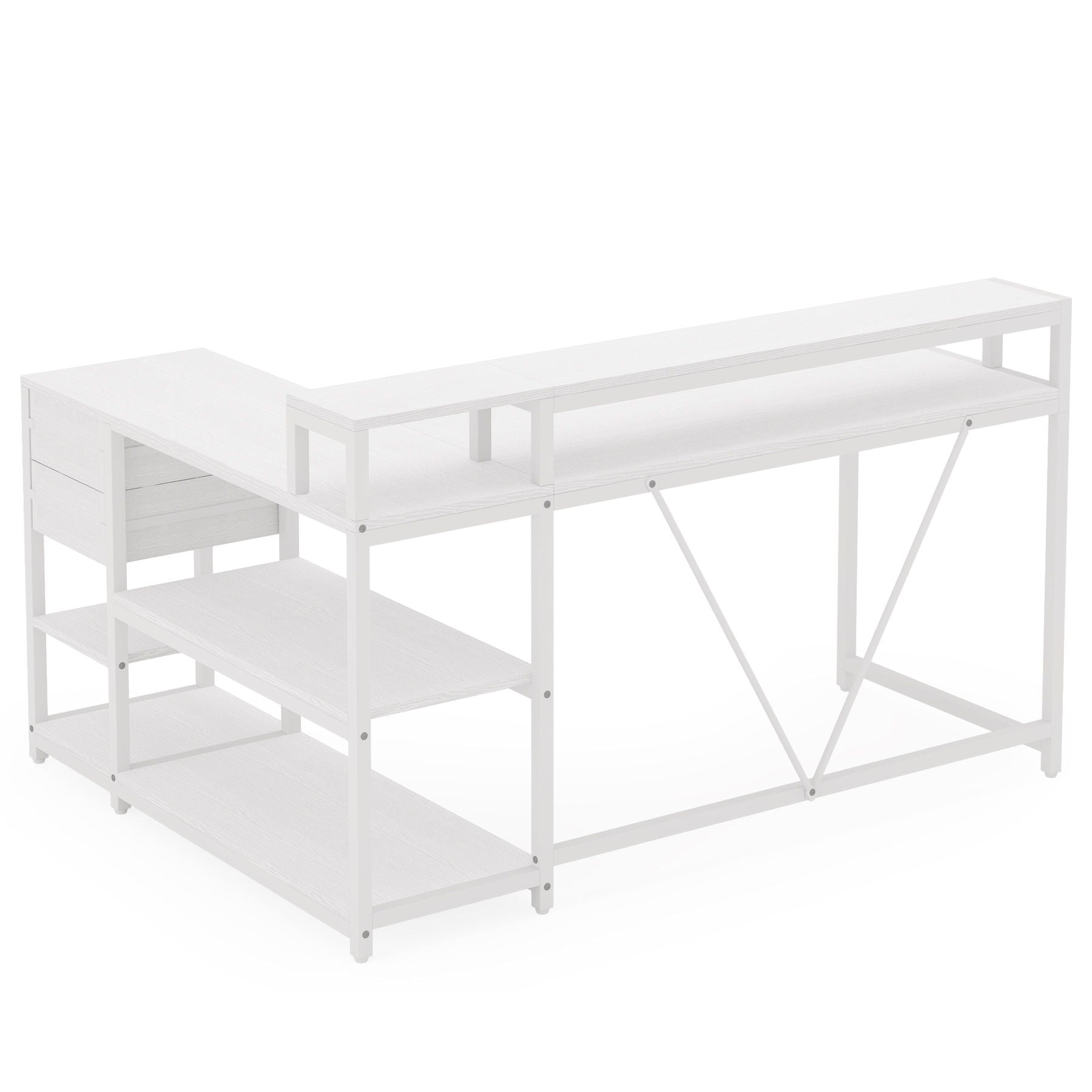 L-Shaped Home Office Desk With Monitor Riser, Drawers, And Storage Shelves