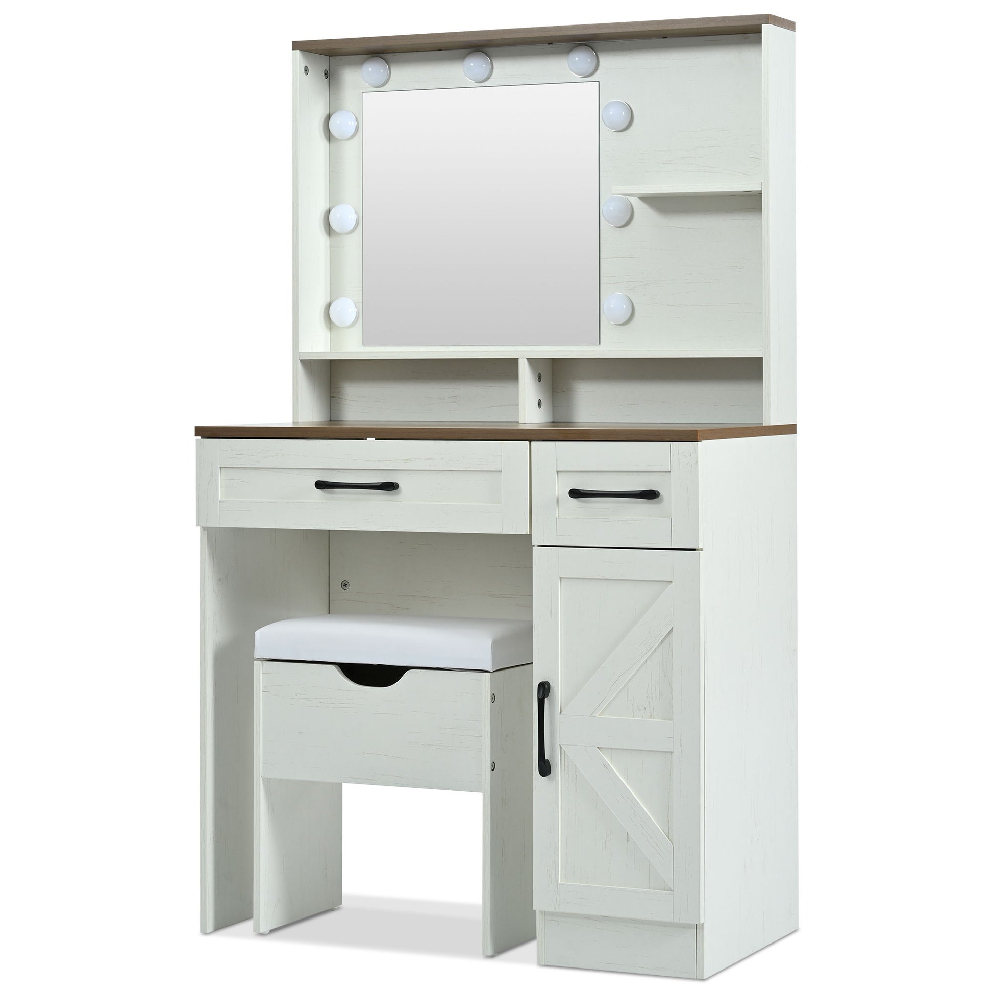 Farmhouse Makeup Vanity Desk With Mirror And Lights, 3 Lighting Modes, Vanity Set With Stool, Dressing Table With Adjustable Shelves, 2 Drawers And Side Cabinet For Bedroom - White - Best Buy Furniture