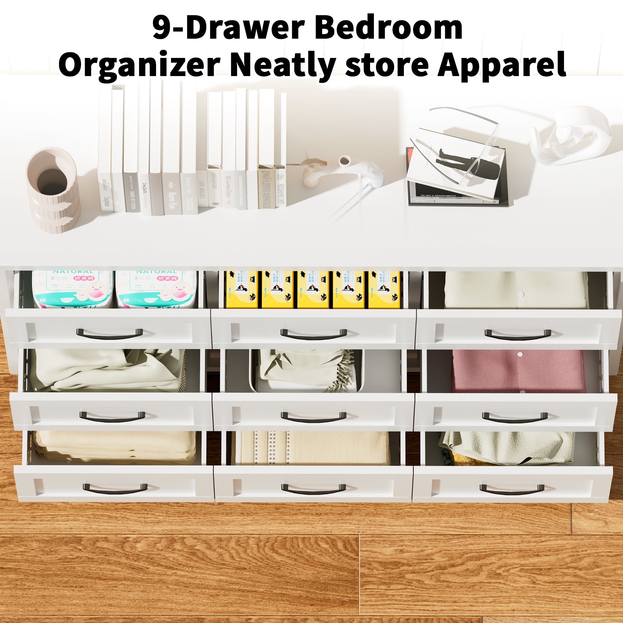 9 Drawer Dresser for Bedroom, Metal Profile Chest of Drawers, White Bedroom Dresser with Storage Drawers for Closet, Hallway, Entryway, Steel Furniture with Quiet-Glide Rails, Easy-Clean & Scratch