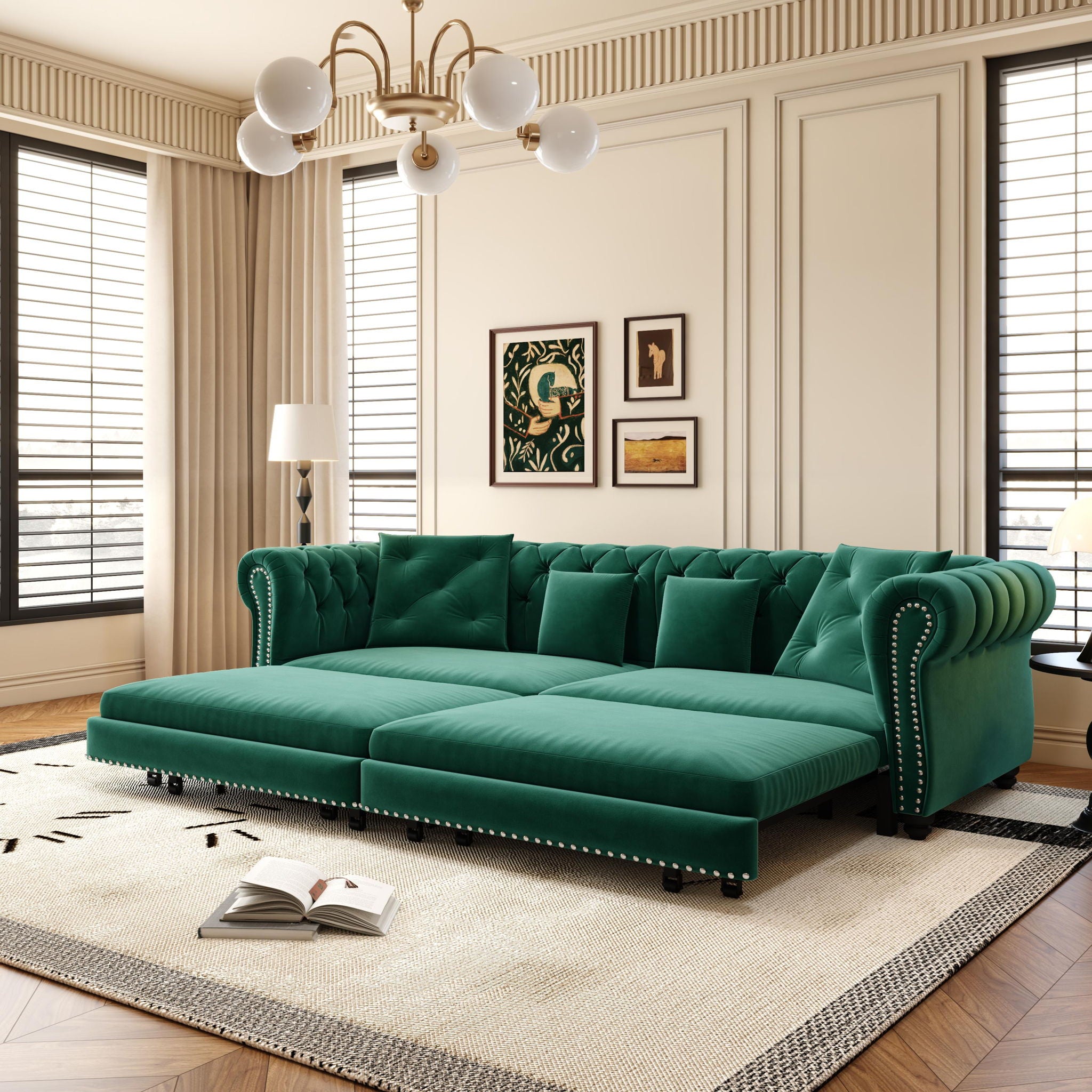 3 In 1 Pull Out Sofa Bed, Convertible Sleeper Sofa Bed, 3 Seater Sofa With Movable Ottoman - Green