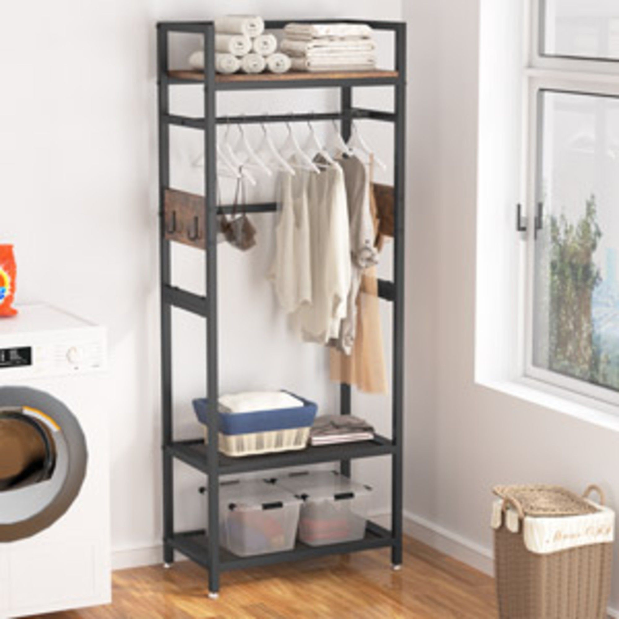 Rack With Hanging Rod, 4 Hooks, Heavy Duty Freestanding Closet Organizer - Brown / Black