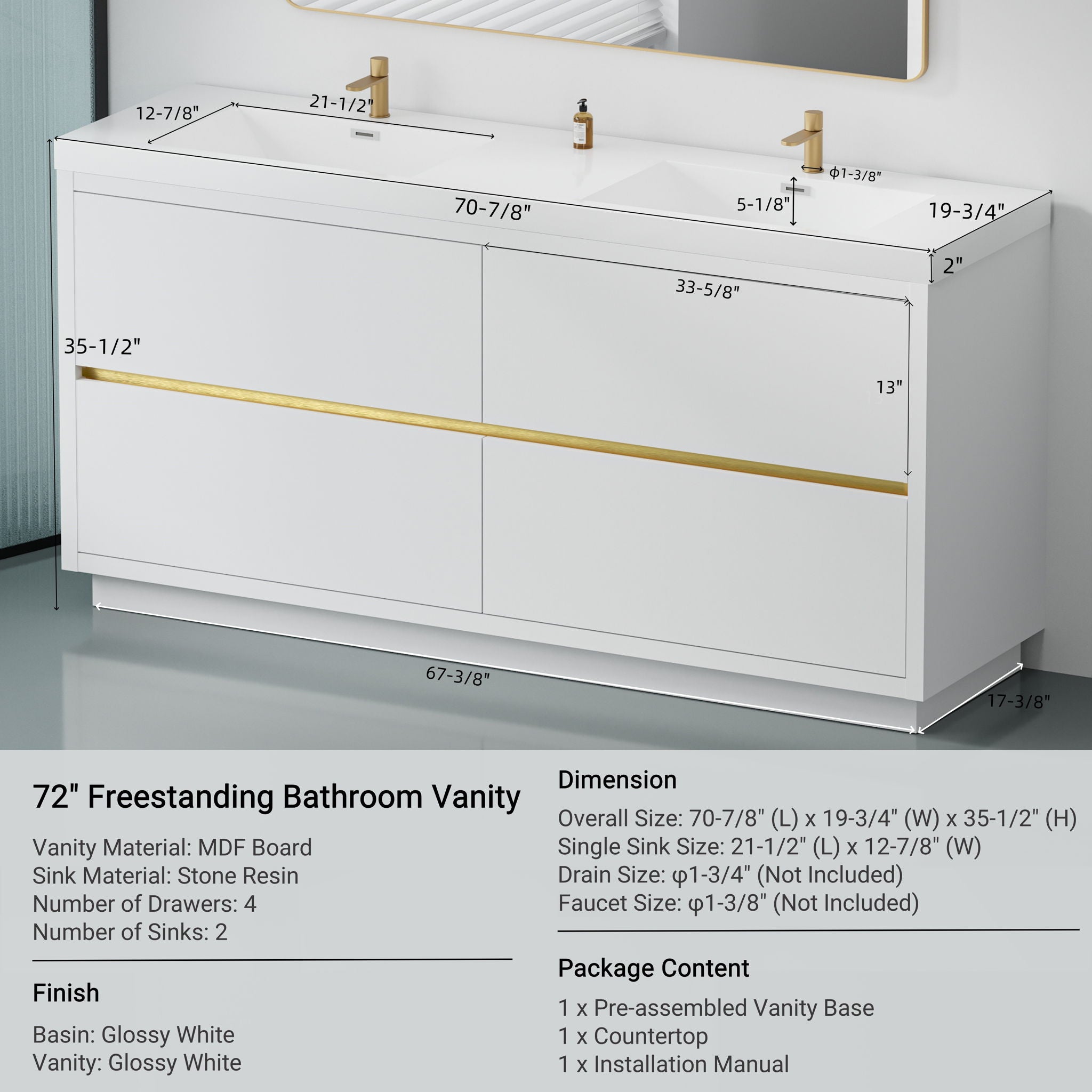 Bathin Freestanding Bathroom Vanity With Double Sinks, Bathroom Storage Vanity Cabinet With Stone Resin Countertop And Soft Close Drawers