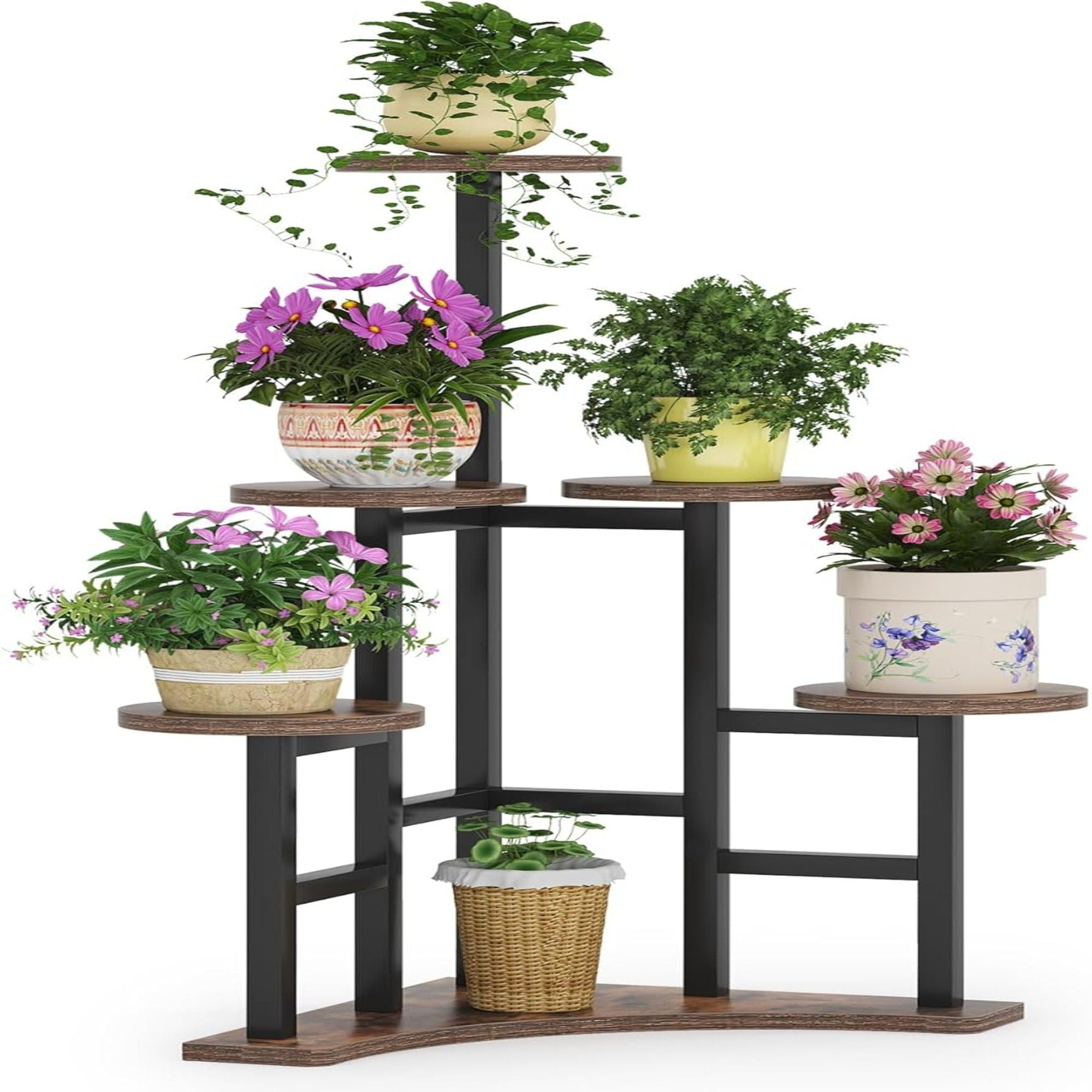 6 Tier Corner Plant Shelf With Frame For Living Room - Rustic Brown