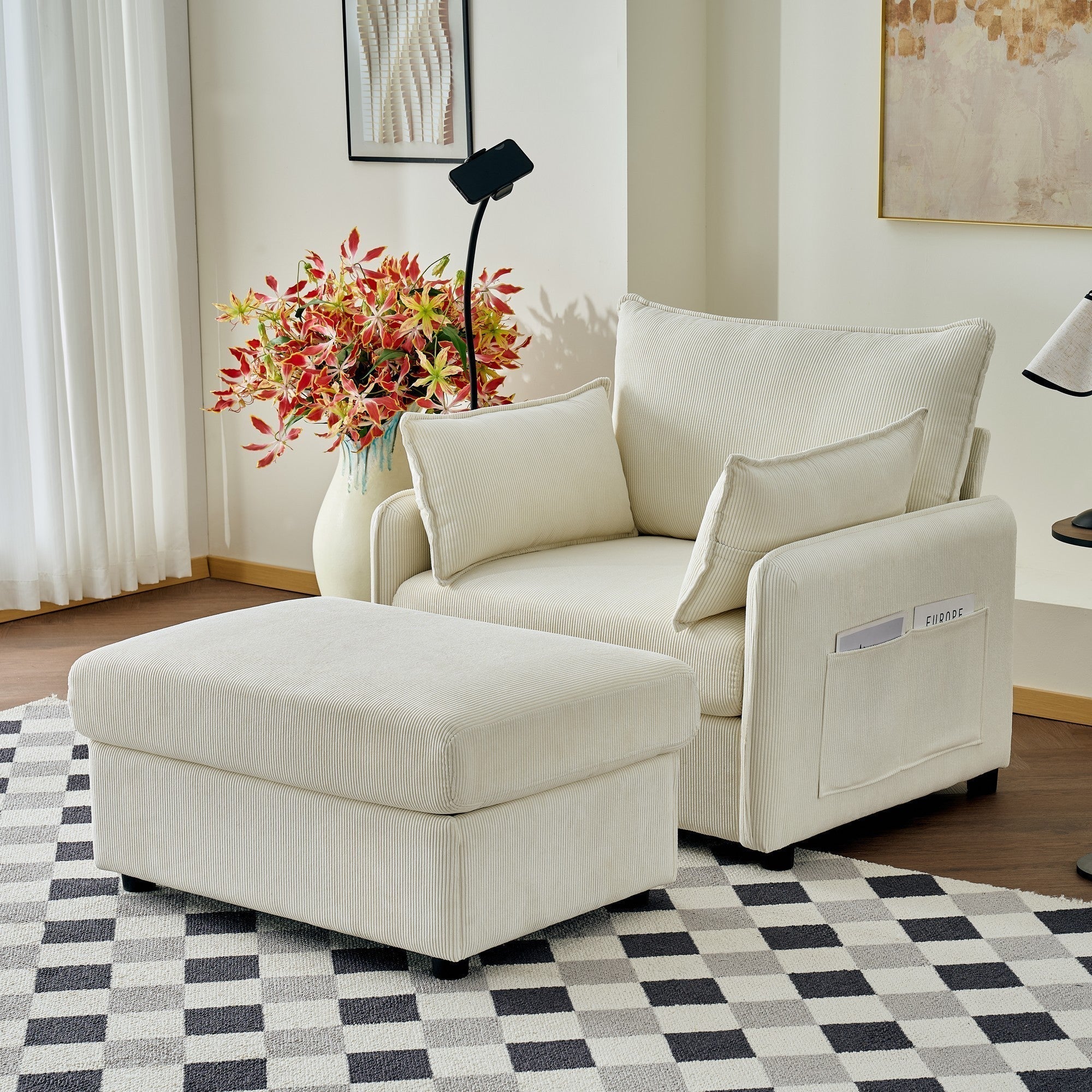 Oversized Chaise Lounge Chair with Ottoman and Storage in Beige