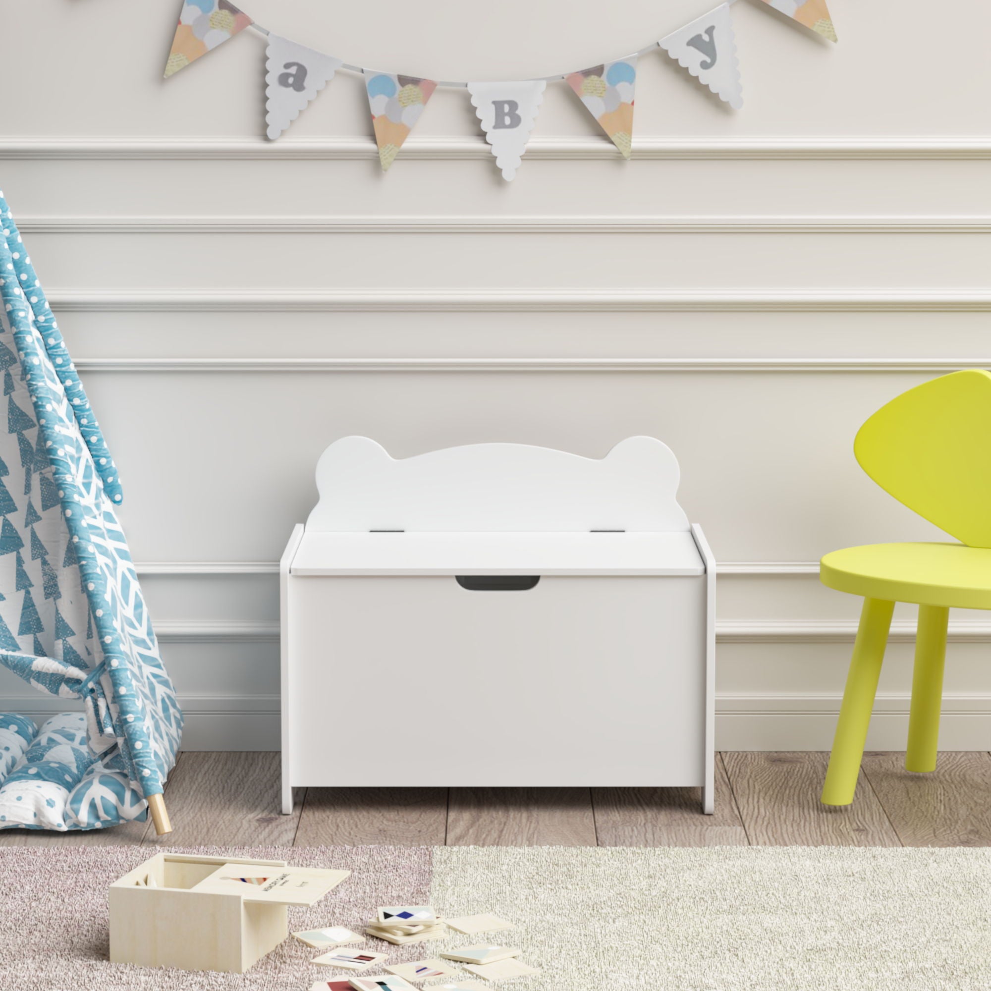 Toy Box With Bear Headboard, Organizer Storage Chest - White