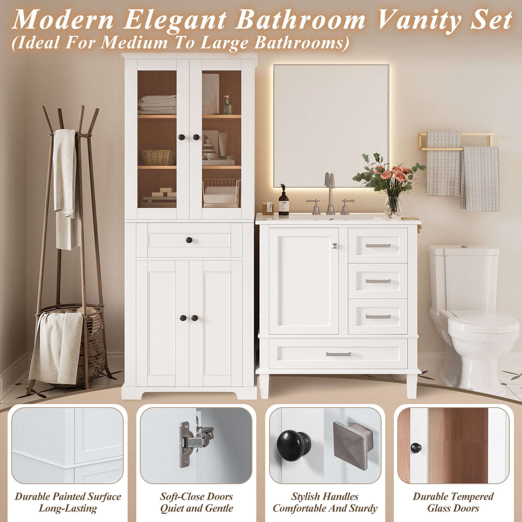 Bathroom Vanity & Tall Storage Cabinet Set With Doors, Adjustable Shelves, Soft Close Hinges, Sink