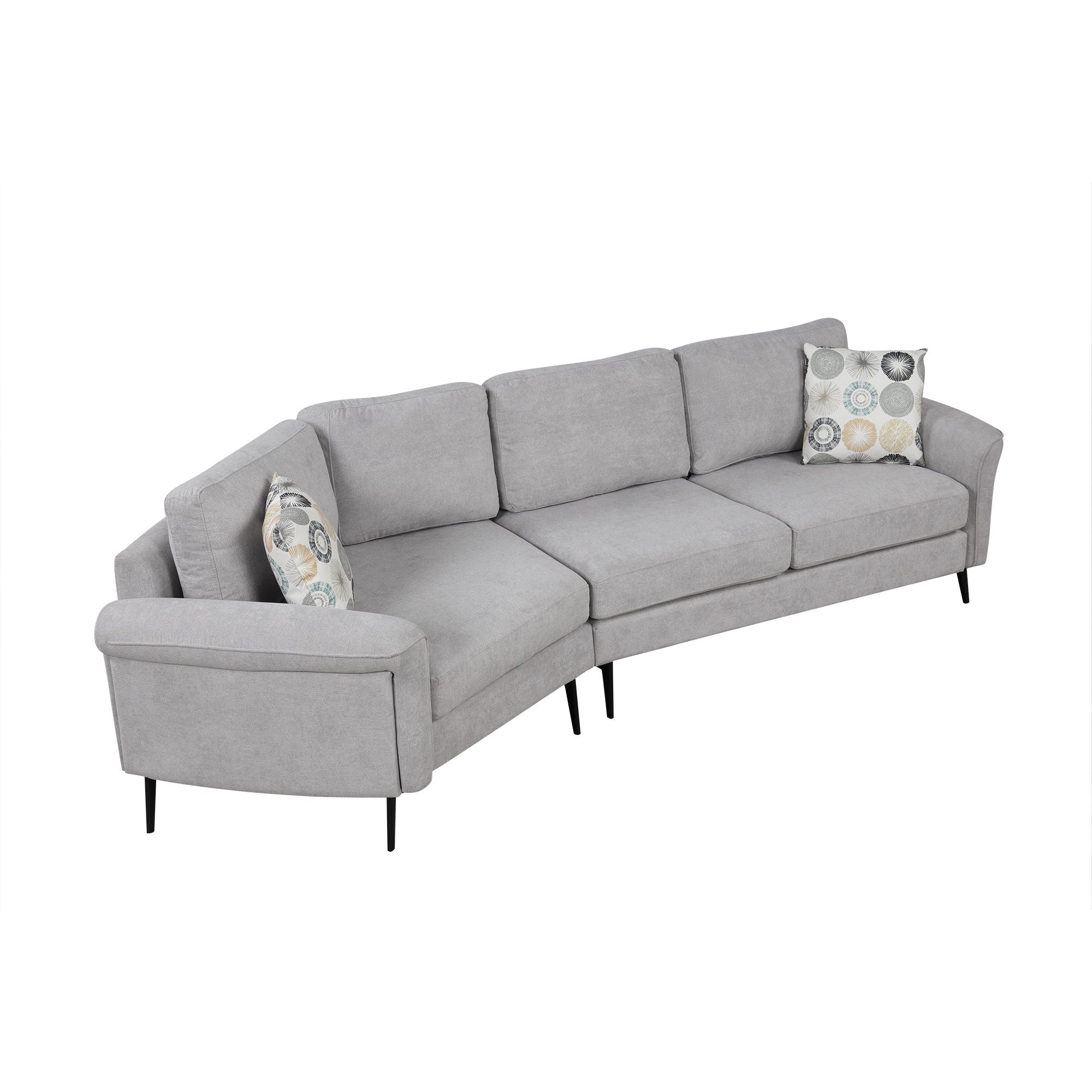 Upholstered 3 Seater Curved Sofa With Printed Pillows Chenille