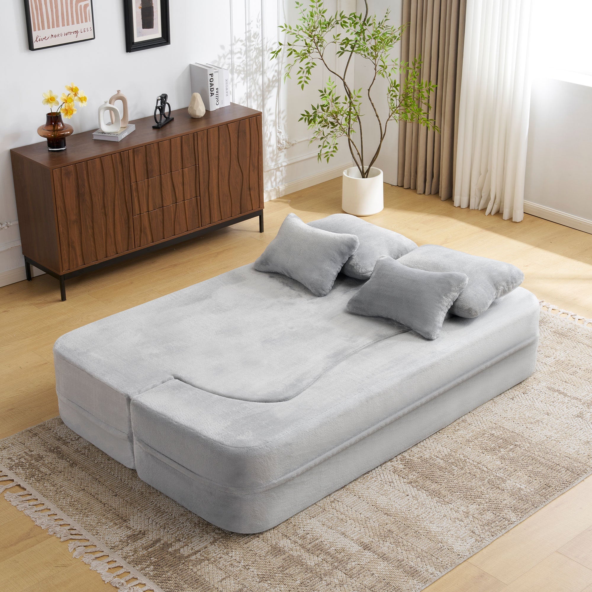 Queen Size Modern Light Grey Floor Sofa with 4 Pillows