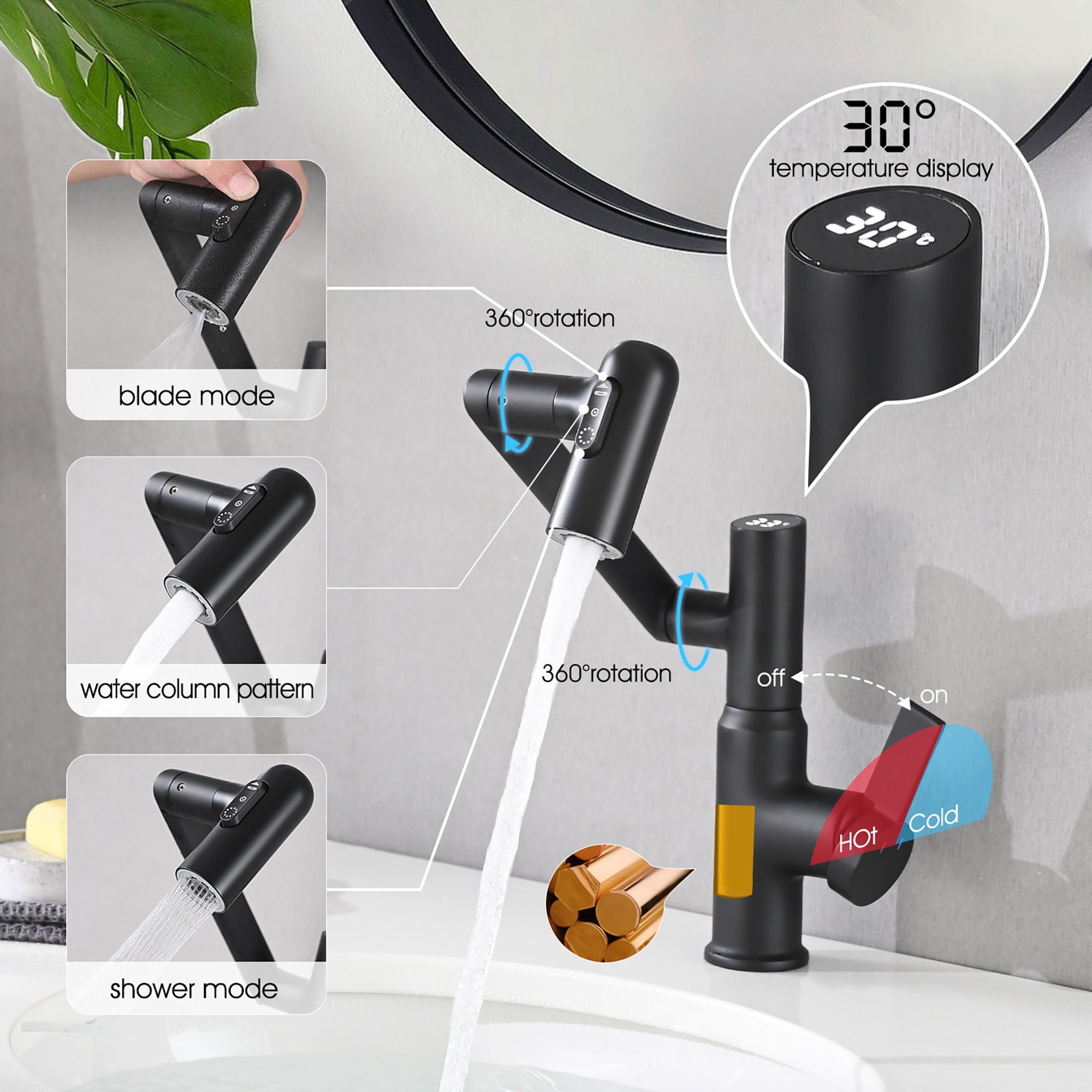 Modern Brass Bathroom Sink Faucet With Spray Function, Temperature Display & 360 Degree Rotary - Matte Black