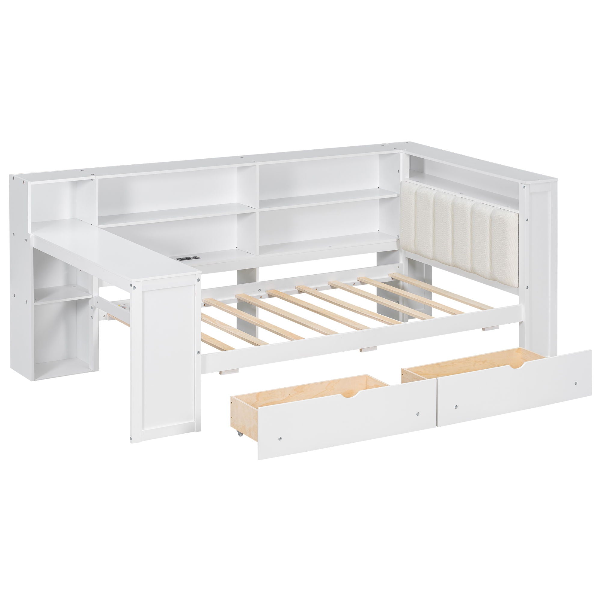 Platform Bed With Upholstered Headboard, Storage Shelves, Drawers, Charging Station, LED Lighting, Built In Desk