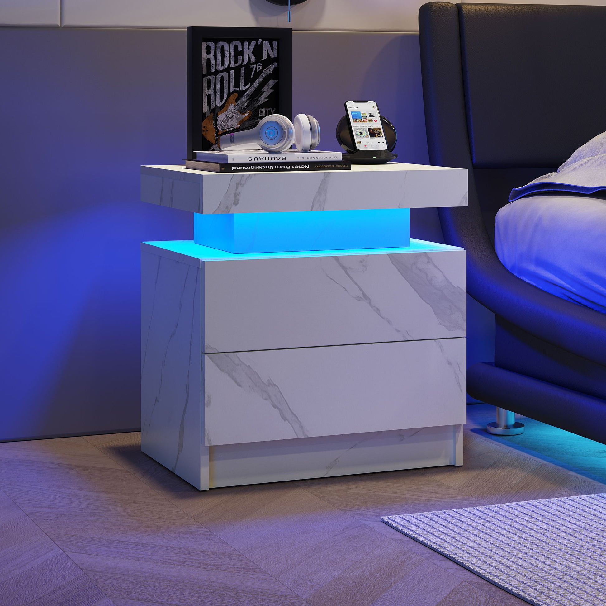Nightstand LED, Bedside Table Cabinet With 2 Drawers For Bedroom - Best Buy Furniture