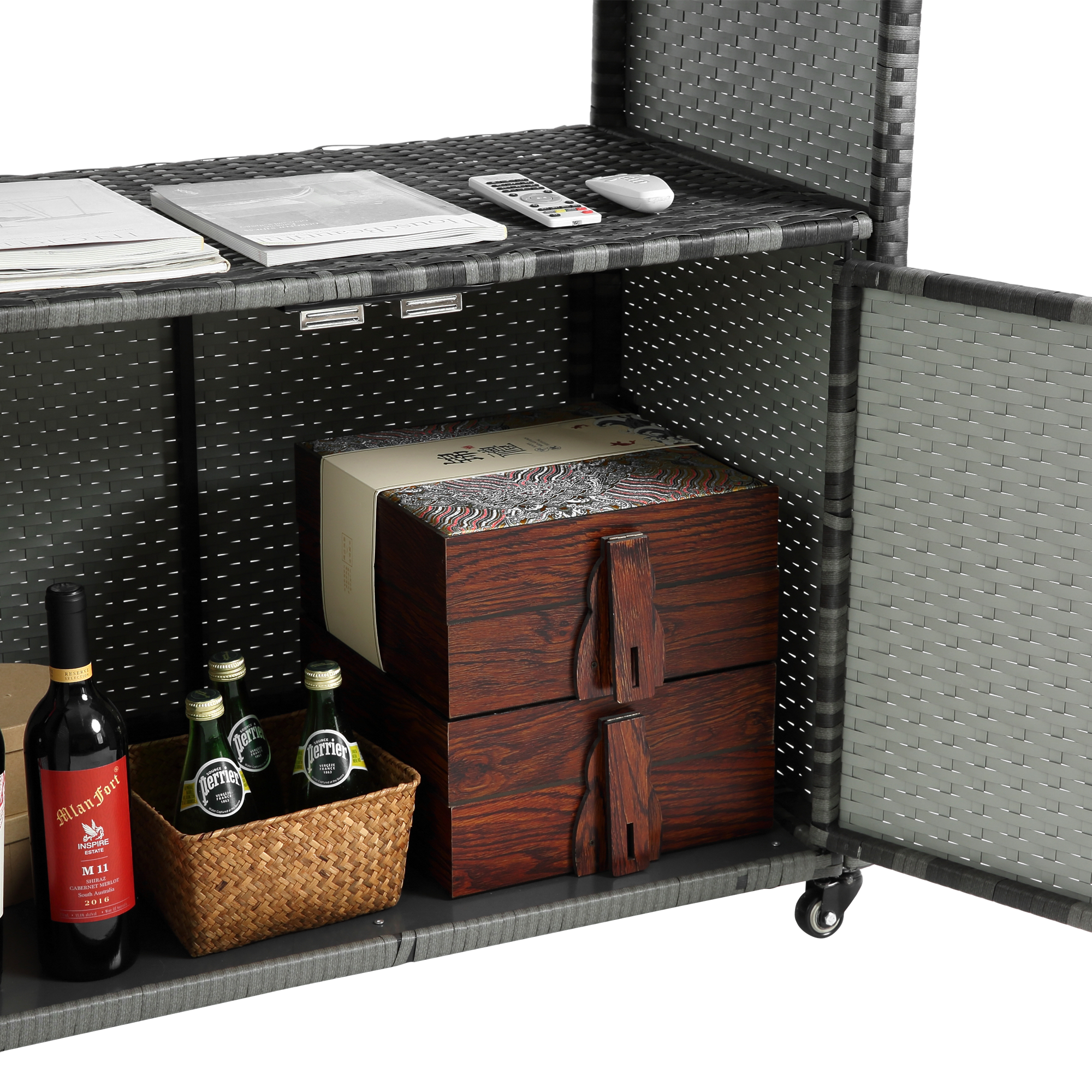 Outdoor Wicker Bar Cart with Glass Top and Wheels