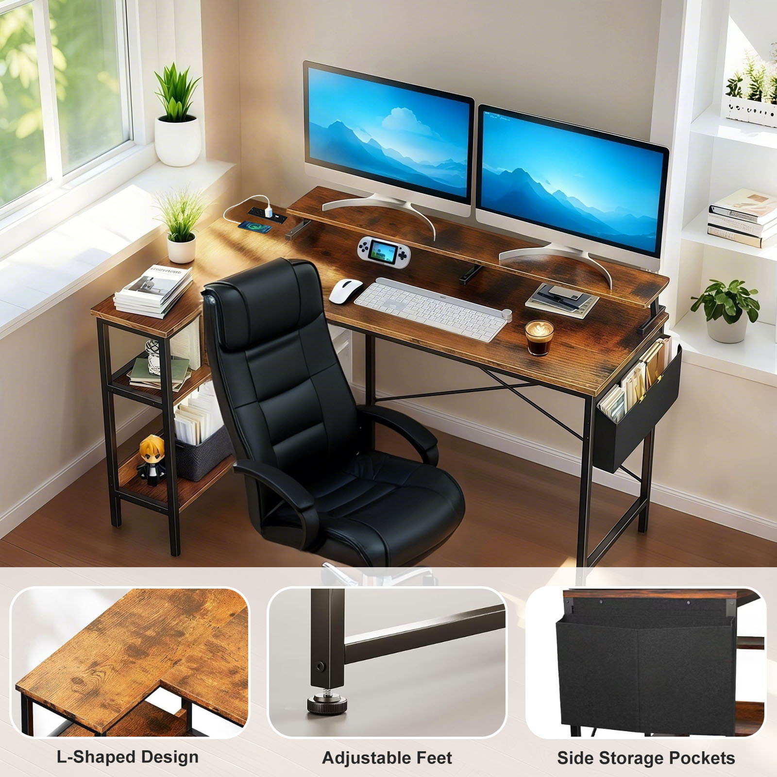 L-Shaped Gaming Desk With Power Outlets, Monitor Stand & Storage Shelves, Reversible Corner Workstation - Black / Brown