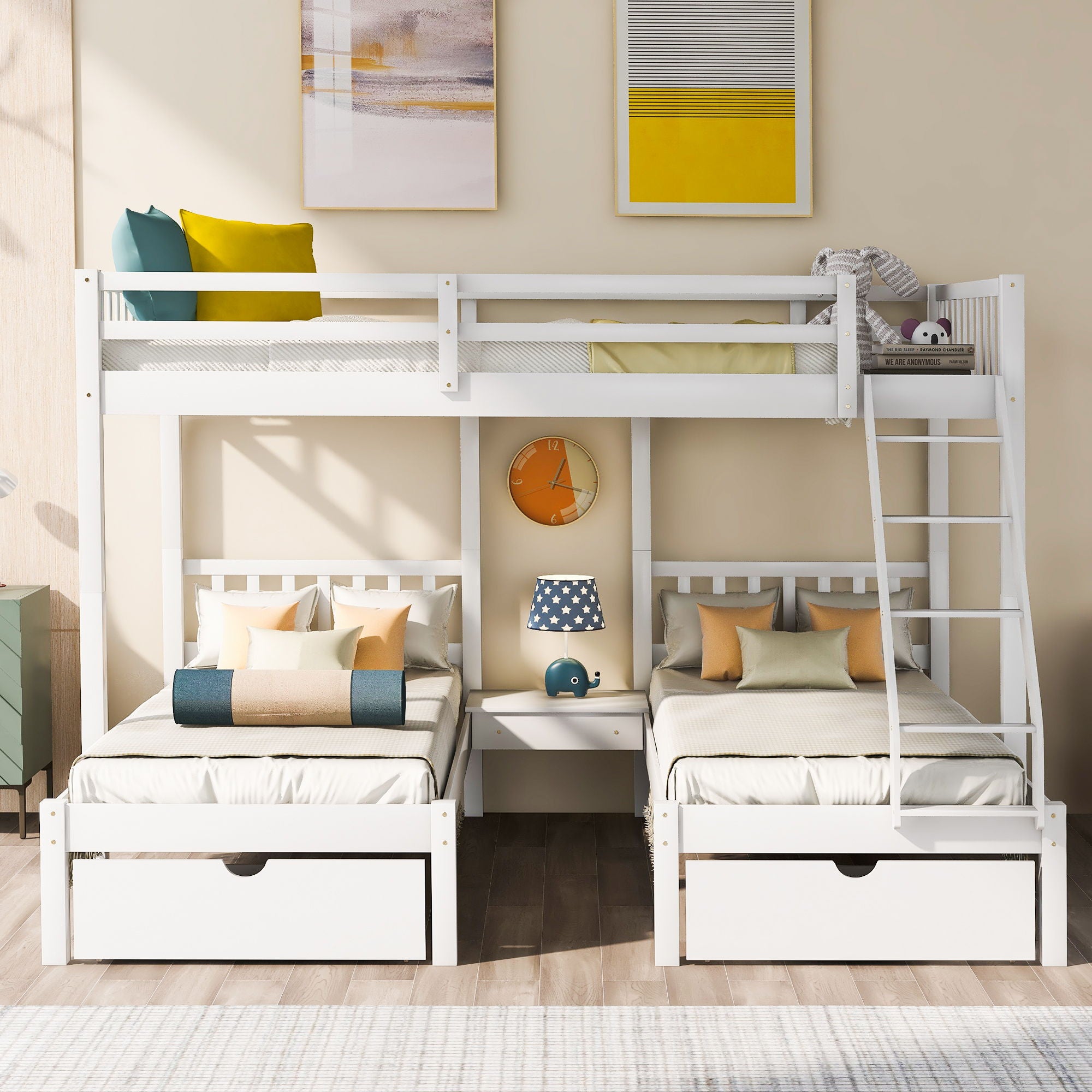 Triple Bunk Bed With Drawers And Guardrails