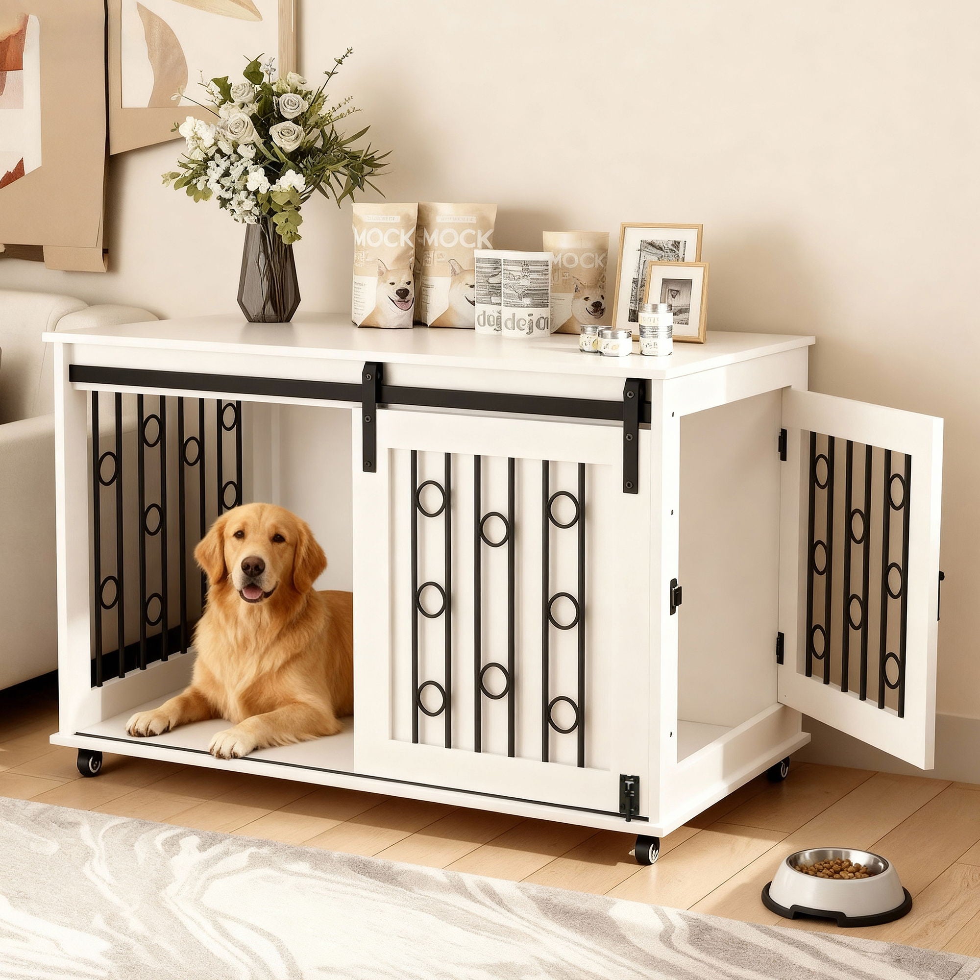 Dog Crate With Sliding Barn Door And Side Access, Lockable Wheels For Small To Medium Dogs - White