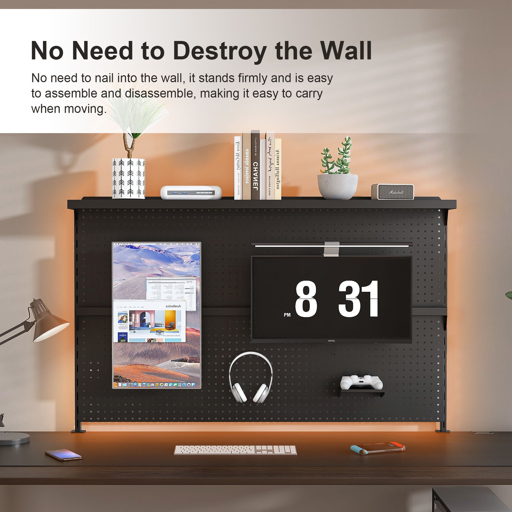 Clamp On Desk Pegboard With Single Monitor Stand