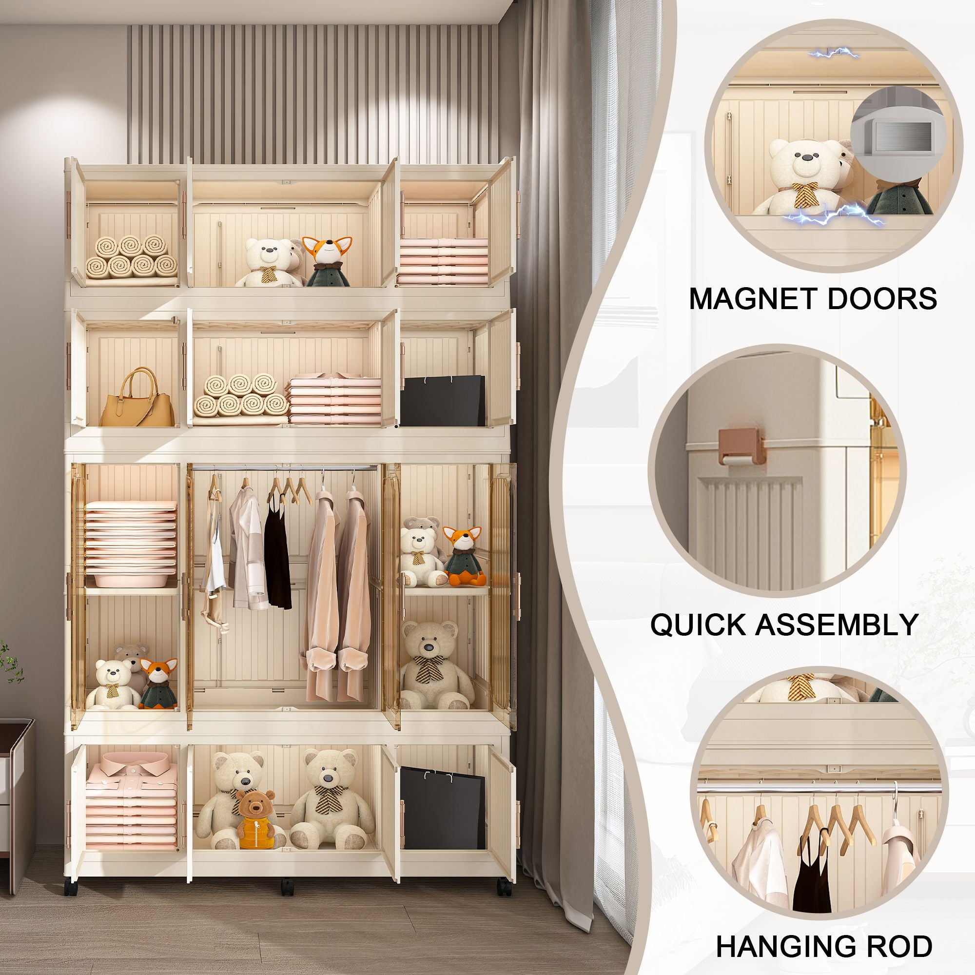 Portable Wardrobe Closet Storage Organizer With 17 Magnetic Doors, 17 Cubes, Hanging Rod & 6 Hangers - Creamy White - Best Buy Furniture