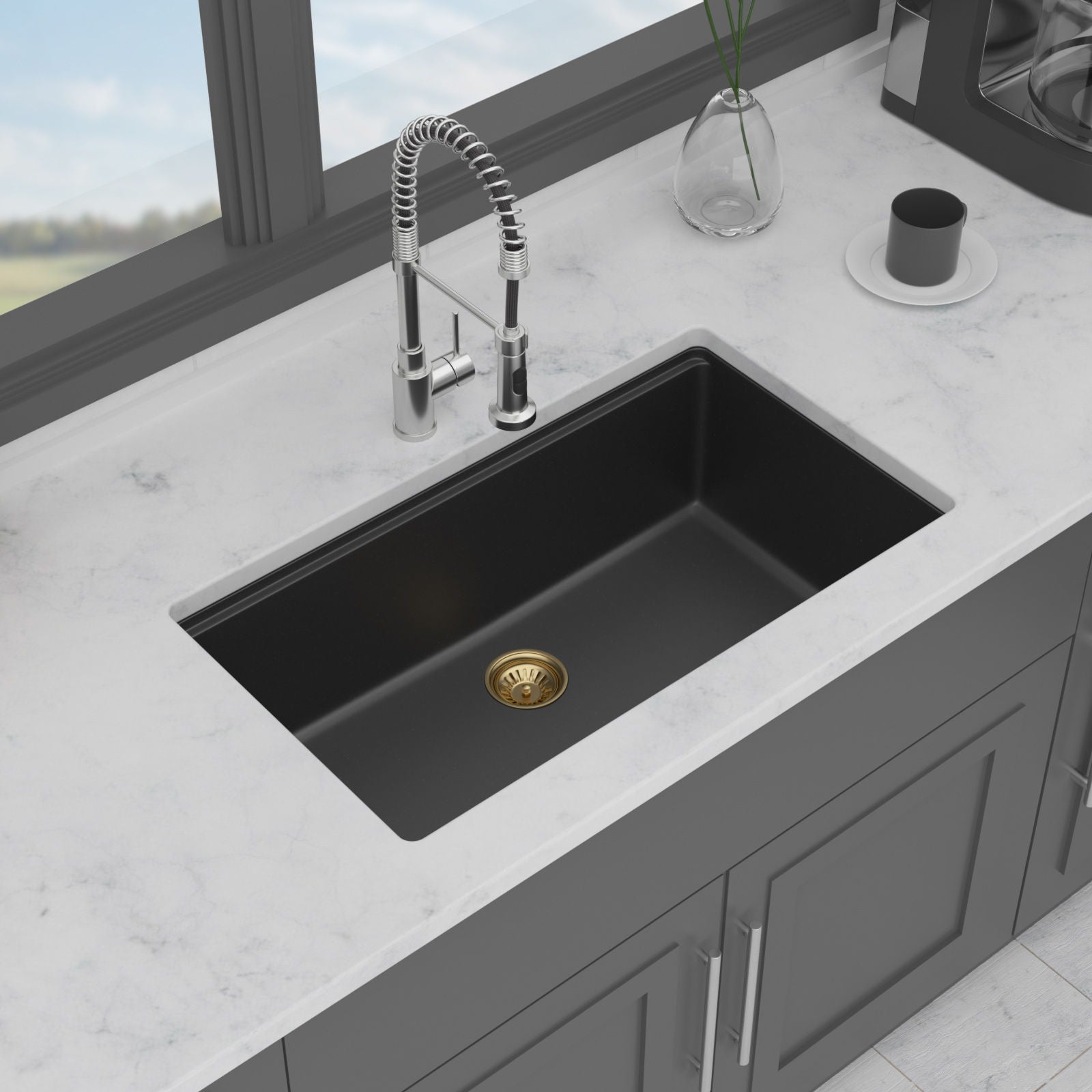 Quartz Composite Kitchen Sink With Undermount Design, Durable Single Bowl Workstation