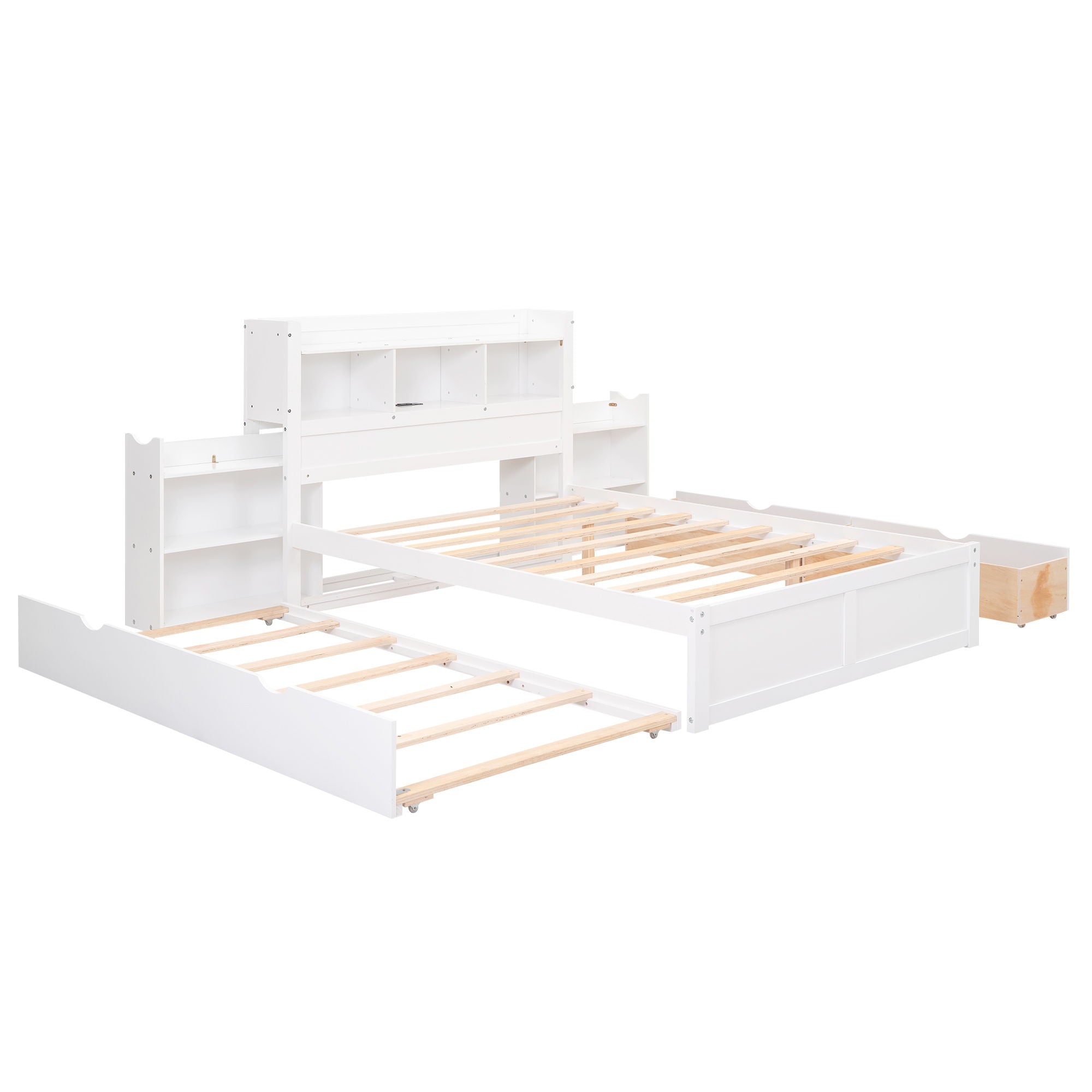 Storage Platform Bed With Pull Out Shelves, Trundle, And 2 Drawers