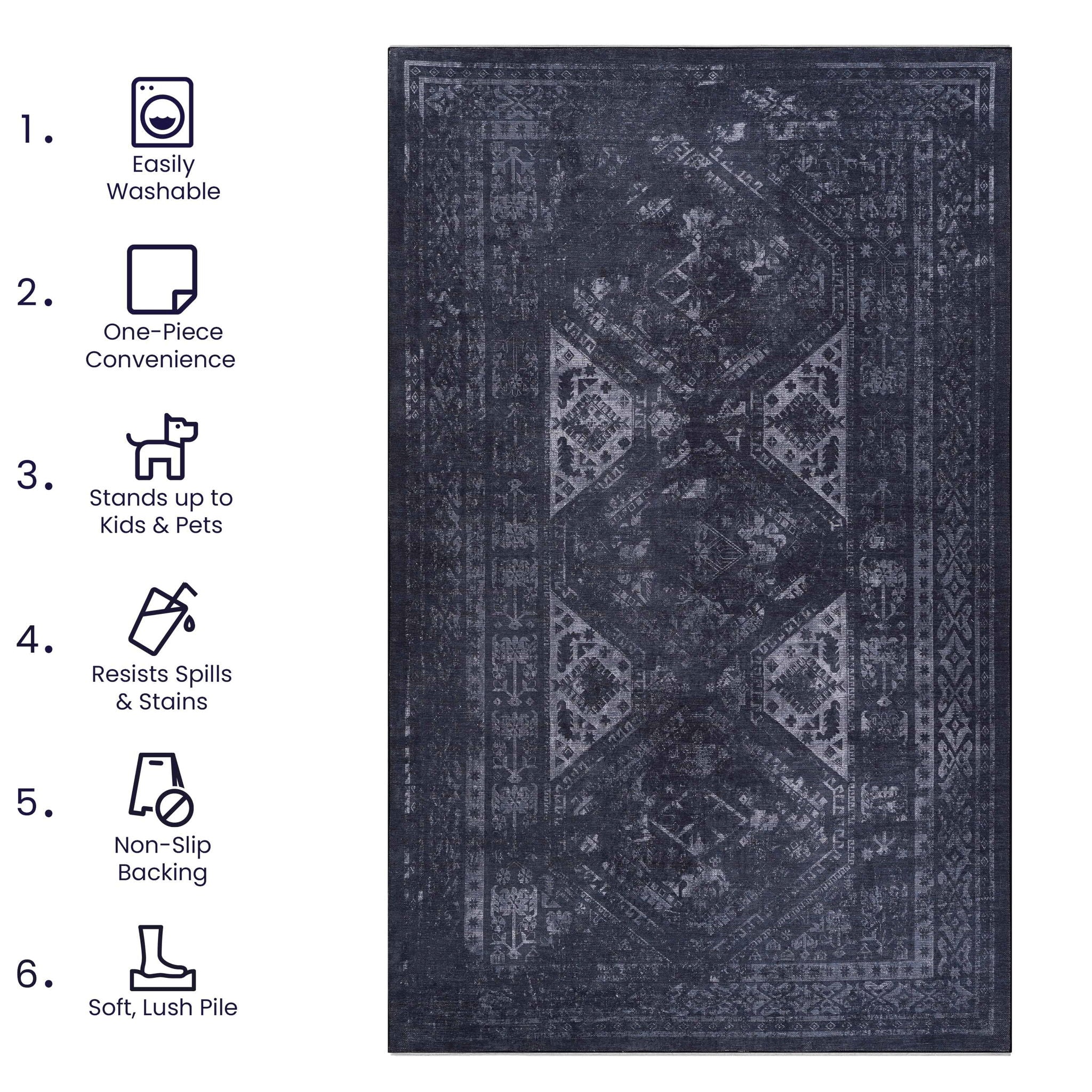 Maval - 5' X 8' Washable Area Rug - Black / Gray