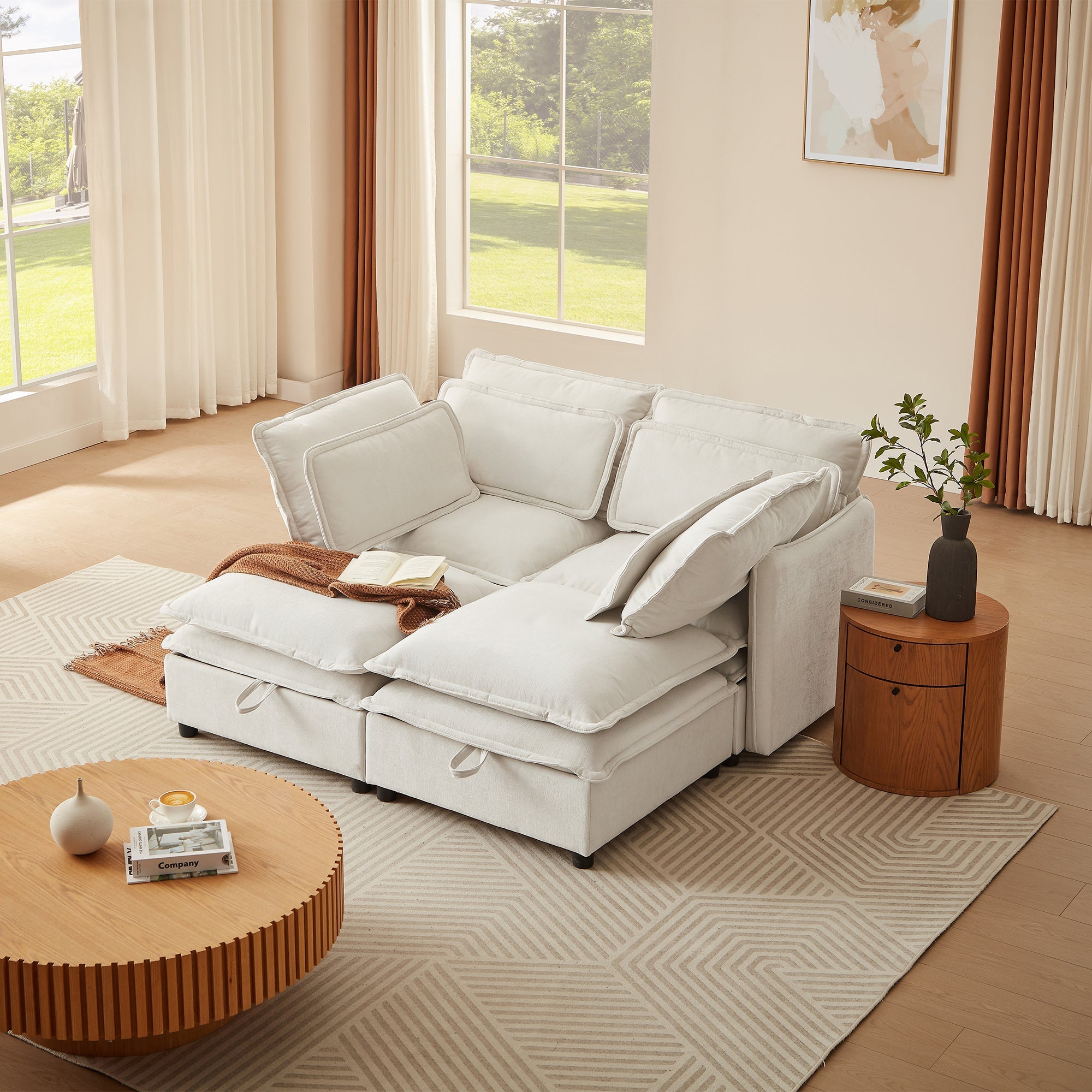 Double-Layer Cushion Modular Sofa 4-Seater with Storage Function