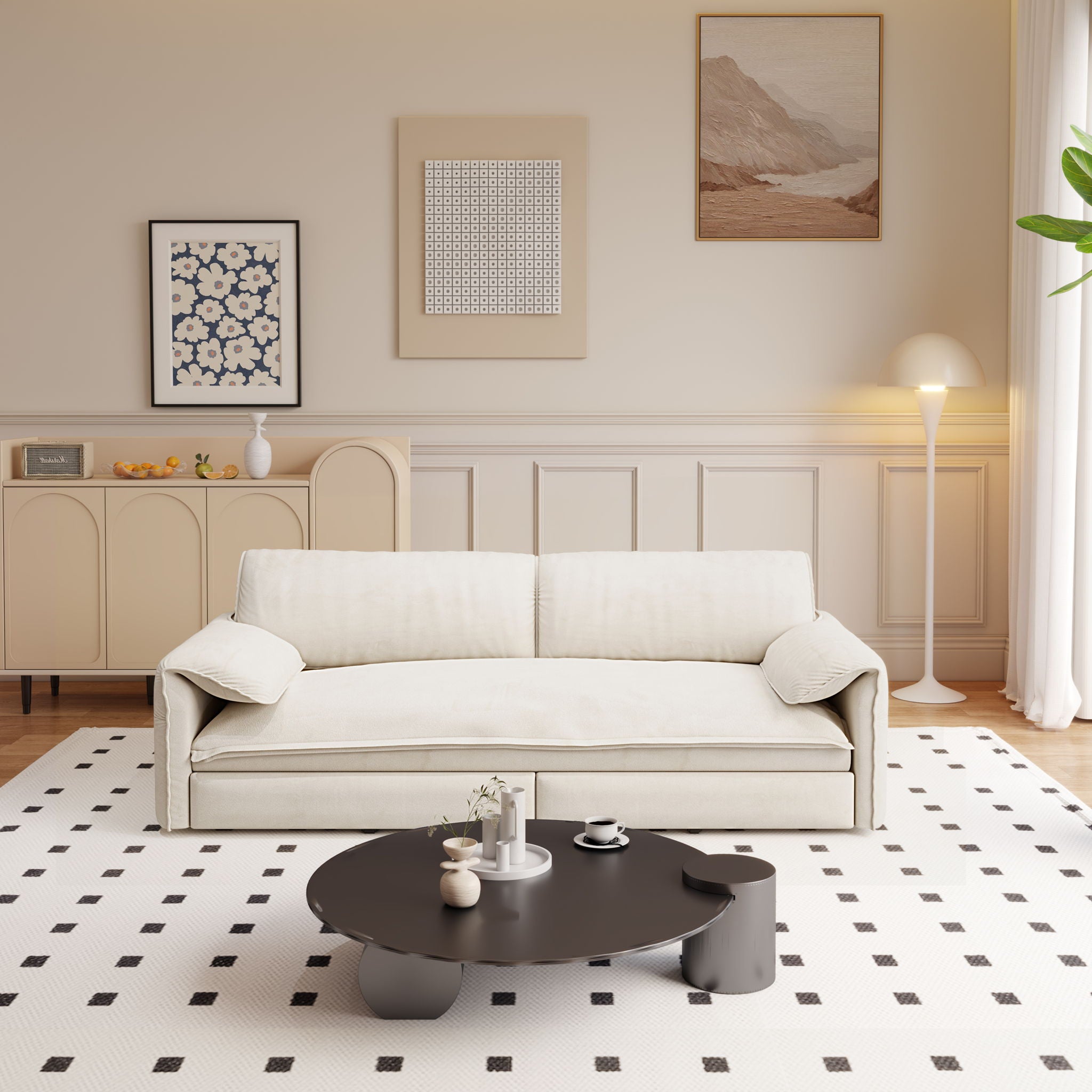 Queen Pull Out Sofa Bed, 3 In 1 Convertible Sleeper Sofa With Side Storage For Living Room - Beige