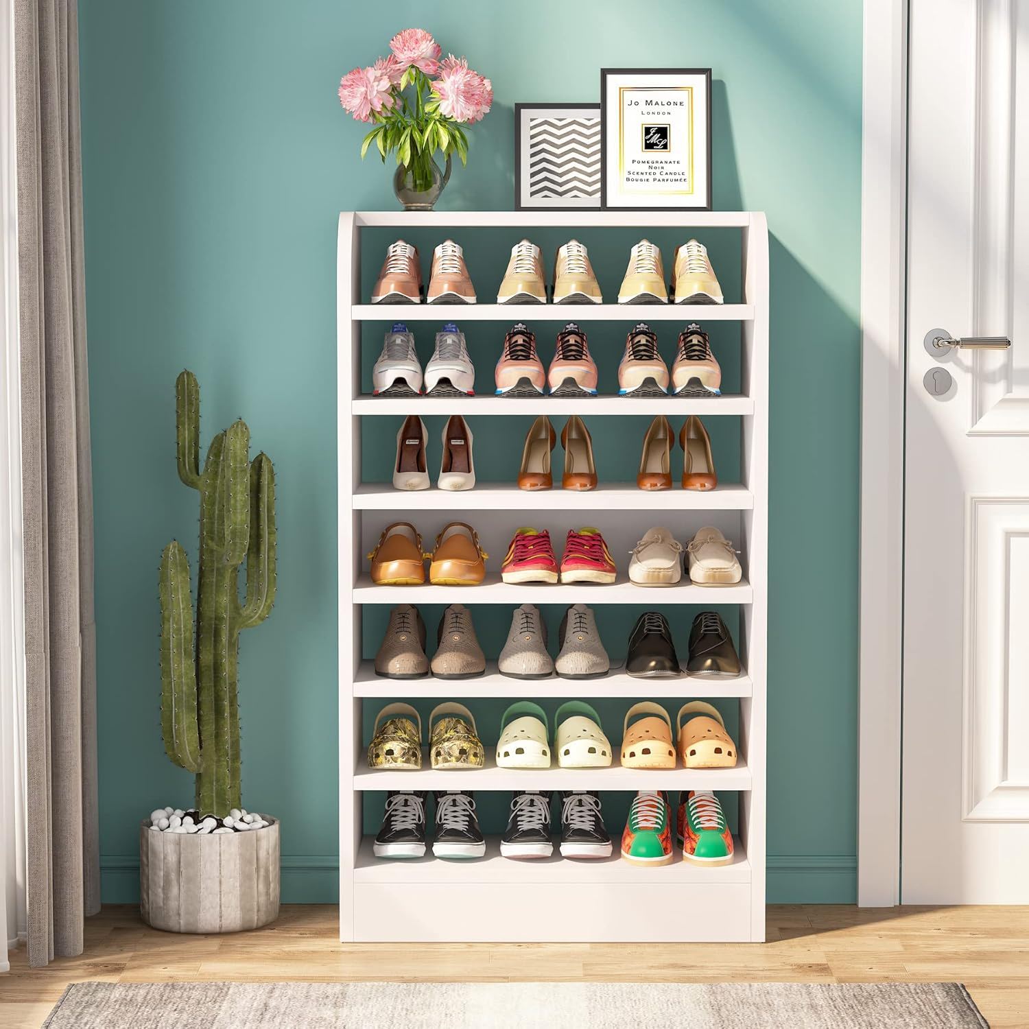 8 Tier Tall Shoe Rack, Wooden Shoe Storage Cabinet, Entryway Organizer - White