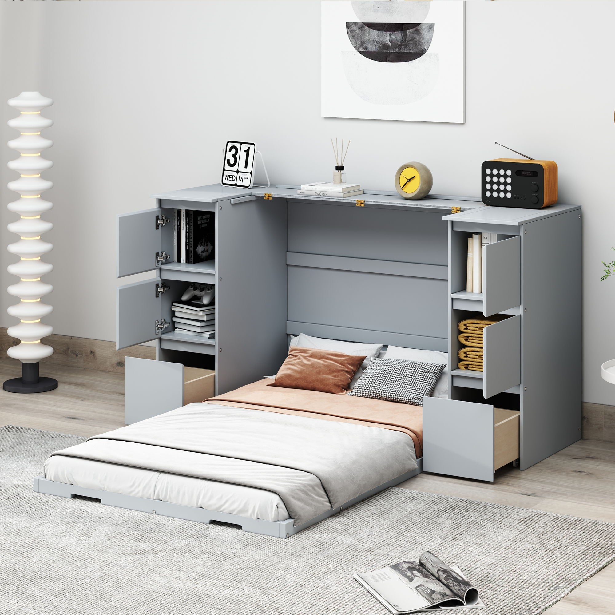 Murphy Bed With Drawers, Cabinets, And USB Ports
