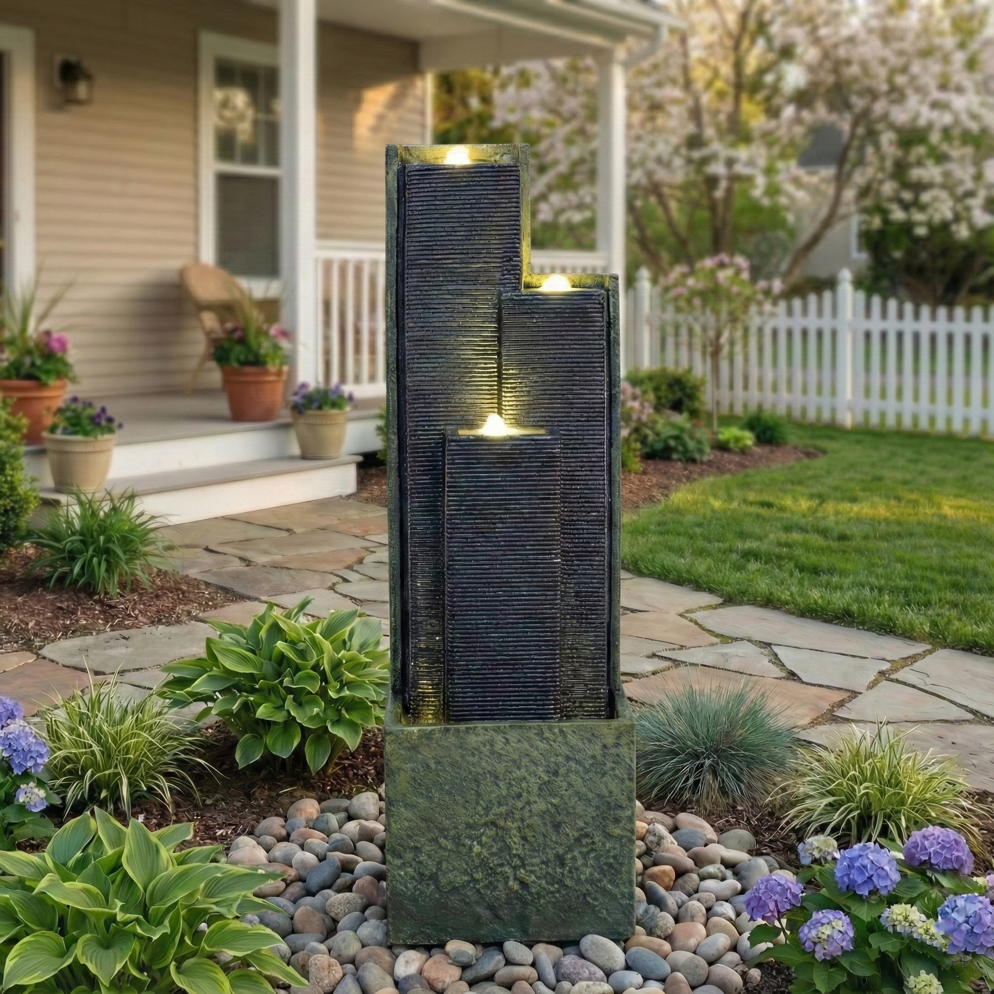 39'' H Outdoor Water Fountain Modern Cascading Freestanding Fountain with LED Lights for Garden Patio Porch Lawn Backyard Decor